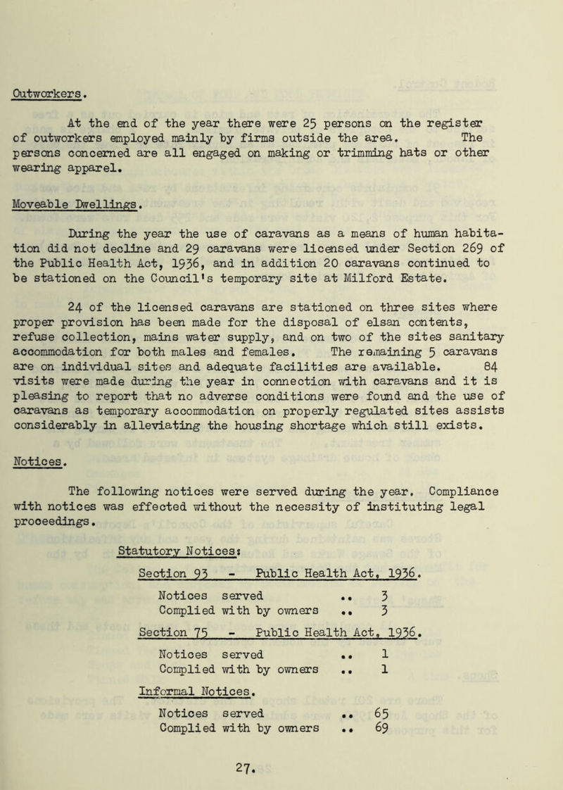 Outworkers. At the end of the year there were 25 persons on the register of outworkers employed mainly by firms outside the area. The persons concerned are all engaged on making or trimming hats or other wearing apparel. Moveable Dwellings. During the year the use of caravans as a means of human habita- tion did not decline and 29 caravans were licensed under Section 269 of the Public Health Act, 1936, and in addition 20 caravans continued to be stationed on the Council’s temporary site at Milford Estate. 24 of the licensed caravans are stationed on three sites where proper provision has been made for the disposal of elsan contents, refuse collection, mains water supply, and on two of the sites sanitary accommodation for both males and females. The remaining 5 caravans are on individual sites and adequate facilities are available. 84 visits were made during the year in connection with caravans and it is pleasing to report that no adverse conditions were found and the use of caravans as temporary accommodation on properly regulated sites assists considerably in alleviating the housing shortage which still exists. Notices. The following notices were served during the year. Compliance with notices was effected without the necessity of instituting legal proceedings. Statutory Notices? Section 95 - Public Health Act, 1936. Notices served .. 3 Complied with by owners .. 3 Section 75 - Public Health Act, 1936. Notices served •• 1 Complied with by owners .. 1 Informal Notices. Notices served •• 65 Complied with by owners .. 69