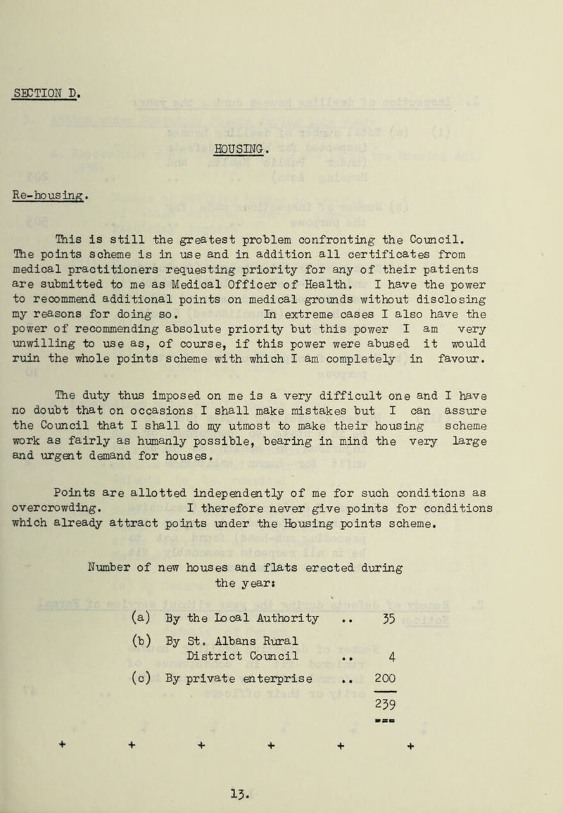HOUSING. Re-ho using. This is still the greatest problem confronting the Council. The points scheme is in use and in addition all certificates from medical practitioners requesting priority for any of their patients are submitted to me as Medical Officer of Health. I have the power to recommend additional points on medical grounds without disclosing my reasons for doing so. In extreme cases I also have the power of recommending absolute priority but this power I am very unwilling to use as, of course, if this power were abused it would ruin the whole points scheme with which I am completely in favour. The duty thus imposed on me is a very difficult one and I have no doubt that on occasions I shall make mistakes but I can assure the Council that I shall do my utmost to make their housing scheme work as fairly as humanly possible, bearing in mind the very large and urgent demand for houses. Points are allotted independently of me for such conditions as overcrowding. I therefore never give points for conditions which already attract points under the Housing points scheme. Number of new houses and flats erected during the years (a) By the Local Authority 35 (b) By St. Albans Rural District Council 4 (c) By private enterprise .. 200 239