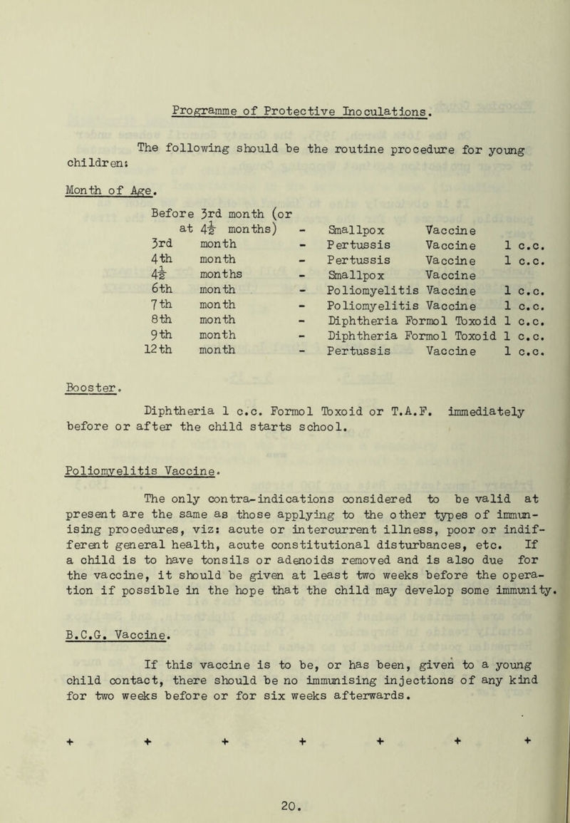 Programme of Protective Inoculations. The following should be the routine procedure for young children; Month of Age. Before 3rd month (or at 4k months) - Smallpox Vaccine 3rd month Pertussis Vaccine 1 c.c. 4 th month Pertussis Vaccine 1 c.c. 4k months Smallpox Vaccine 6 th month Poliomyelitis Vaccine 1 C.C. 7 th month Poliomyelitis Vaccine 1 c.c. 8 th month Diphtheria Formol Toxoid 1 c.c. 9 th month Diphtheria Formol Toxoid 1 c.c. 12 th month Pertussis Vaccine 1 c.c. Booster. Diphtheria 1 c.c. Formol Toxoid or T.A.F. immediately before or after the child starts school. Poliomyelitis Vaccine. The only contra-indications considered to be valid at present are the same as those applying to the other types of immun- ising procedures, viz; acute or intercurrent illness, poor or indif- ferent general health, acute constitutional disturbances, etc. If a child is to have tonsils or adenoids removed and is also due for the vaccine, it should be given at least two weeks before the opera- tion if possible in the hope that the child may develop some immunity. B.C.G. Vaccine. If this vaccine is to be, or has been, given to a young child contact, there should be no immunising injections of any kind for two weeks before or for six weeks afterwards. + + + + + + +