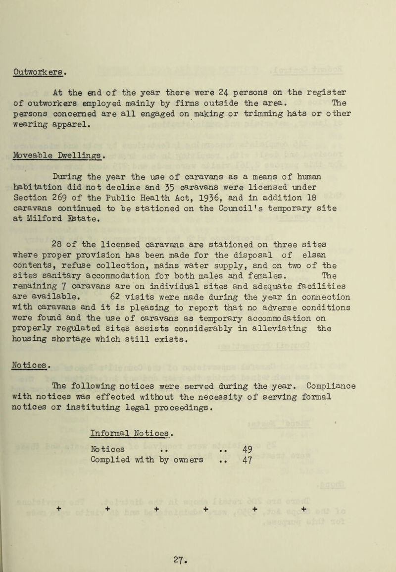 Outworkers, At the end of the year there were 24 persons on the register of outworkers employed mainly by films outside the area. The persons concerned are all engaged on making or trimming hats or other wearing apparel. Moveable Dwellings. During the year the use of caravans as a means of human habitation did not decline and 35 caravans were licensed under Section 269 of the Public Health Act, 1936, and in addition 18 caravans continued to be stationed on the Council’s temporary site at Milford Estate. 28 of the licensed caravans are stationed on three sites where proper provision has been made for the disposal of elsan contents, refuse collection, mains water supply, and on two of the sites sanitary accommodation for both males and females. The remaining 7 caravans are on individual sites and adequate facilities are available. 62 visits were made during the year in connection with caravans and it is pleasing to report that no adverse conditions were found and the use of caravans as temporary accommodation on properly regulated sites assists considerably in alleviating the housing shortage which still exists. Notices. The following notices were served during the year. Compliance with notices was effected without the necessity of serving formal notices or instituting legal proceedings. Informal Notices. Notices .. ..49 Complied with by owners .. 47 + + + + + +