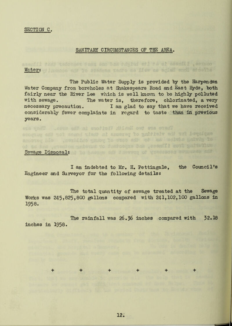 SMITARY CIRCUMSTANCES OF THE AREA. Water: The Public Water Supply is provided by the Earpenden Water Company from boreholes at Shakespeare Road and East Hyde, both fairly near the River Lee which is well known to be highly polluted with sewage. The water is, therefore, chlorinated, a very necessary precaution. I am glad to say that we have received considerably fewer complaints in regard to taste than in previous years. Sewage Disposal: I am indebted to Mr. H. Pettingale, the Council's Engineer and Surveyor for the following details: The total quantity of sewage treated at the Sewage Works was 245>825,800 gallons compared with 241,102,100 gallons in 1958. The rainfall was 26.36 inches compared with 32.18 inches in 1958. + + + + + +