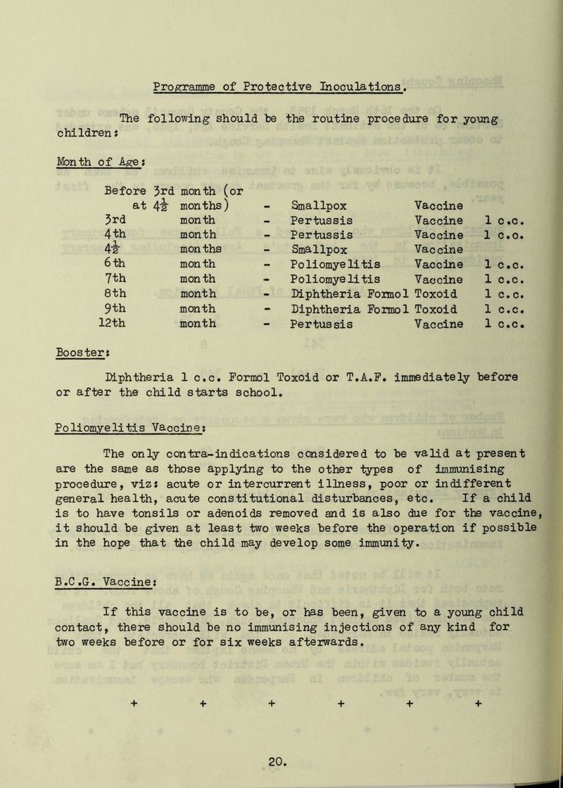 Programme of Protective Inoculations. The following should be the routine procedure for young children: Month of Age: Before 3rd month (or at 4-2 months) - Smallpox Vaccine 3rd month Pertussis Vaccine 1 c.c. 4 th month Pertussis Vaccine 1 c • 0 • 4-2 months Smallpox Vaccine 6 th month Poliomyelitis Vaccine 1 c • c • 7th month Poliomyelitis Vaccine 1 c.c. 8th month - Diphtheria Foimol Toxoid 1 c. c. 9th month Diphtheria Formol Toxoid 1 c.c. 12th month Pertussis Vaccine 1 c.c. Booster? Diphtheria 1 c.c. Formol Toxoid or T.A.F. immediately before or after the child starts school. Poliomyelitis Vaccine: The only contra-indications considered to be valid at present are the same as those applying to the other types of immunising procedure, viz: acute or intercurrent illness, poor or indifferent general health, acute constitutional disturbances, etc. If a child is to have tonsils or adenoids removed and is also due for the vaccine, it should be given at least two weeks before the operation if possible in the hope that the child may develop some immunity. B.C.G. Vaccine: If this vaccine is to be, or has been, given to a young child contact, there should be no immunising injections of any kind for two weeks before or for six weeks afterwards. + + + + + +