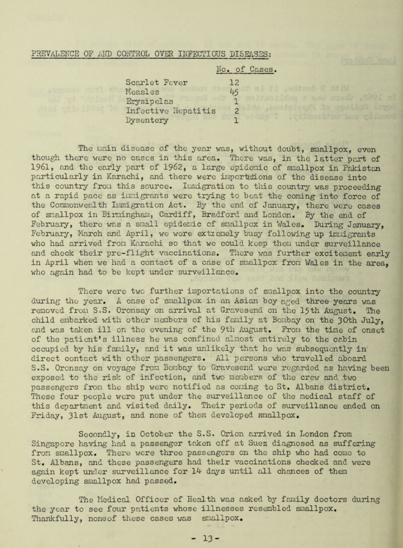 PREVALENCE OF AHD CQ1CTROL OVER INFECTIOUS DISEASES; 1'To. of Cases. Scarlet Fever 12 Measles 45 Erysipelas 1 Infective Hepatitis 2 Dysentery 1 The main disease of the year was, without doubt, smallpox, even though there were no cases in this area. There was, in the latter part of 1961, and the early part of 1962, a large epidemic of smallpox in Pakistan particularly in Karachi, and there were importations of the disease into this country from this source. Immigration to this country was proceeding at a rapid pace as immigrants were trying to beat the coming into force of the Commonwealth Immigration Act. By the end of January, there were cases of smallpox in Birmingham, Cardiff, Bradford and London. By the end of February, there was a small epidemic of smallpox in Wales. During January, February, March and April, we were extremely busy following up immigrants who had arrived from Karachi so that we could keep them under surveillance and check their pre-flight vaccinations. There was further excitement early in April when we had a contact of a case of smallpox from Wales in the area, who again had to be kept under surveillance. There were two further importations of smallpox into the country during the year. A case of smallpox in an Asian boy aged three years was removed from S.S. Oronsay on arrival at Gravesend on the 15th August, The child embarked with other members of his family at Bombay on the 30th July, and was token ill on the evening of the 9tli August. From the time of onset of the patient’s illness he was confined almost entirely to the cabin occupied by his family, and it was unlikely that he wan subsequently in direct contact with other passengers. All persons who travelled aboard S.S. Oronsay on voyage from Bombay to Gravesend were regarded as having been exposed to the risk of infection, and two members of the crew and two passengers from the ship were notified as coning to St. Albans district. These four people were put under the surveillance of the medical staff of this department and visited daily. Their periods of surveillance ended on Friday, 31st August, and none of them developed smallpox. Secondly, in October the S.S. Orion arrived in London from Singapore having had a passenger taken off at Suez diagnosed as suffering from smallpox. There were three passengers on the ship who had come to St, Albans, and these passengers had their vaccinations checked and were again kept under surveillance for 14 days until all chances of them developing smallpox had passed. The Medical Officer of Health was asked by family doctors during the year to see four patients whose illnesses resembled smallpox. Thankfully, noneof these cases was smallpox. 13-