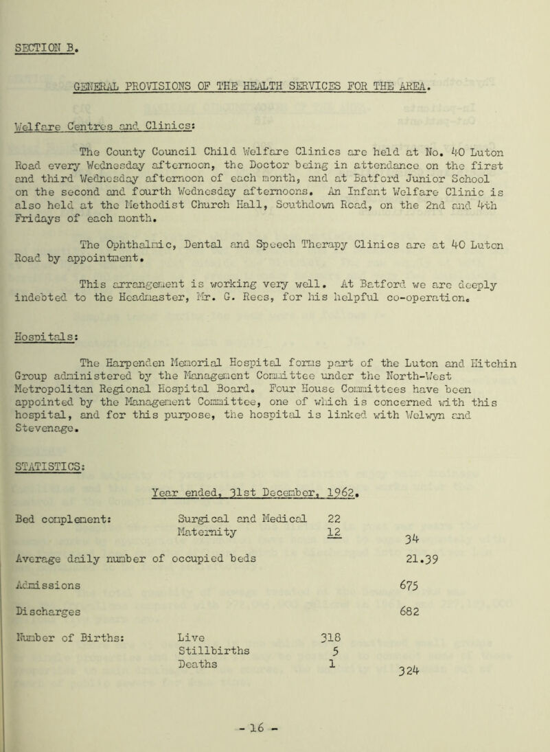 GENERAL PROVISIONS OF THE HEALTH SERVICES FOR THE AREA. Welfare Centres and Clinics: The County Council Child Welfare Clinics are held at No. 40 Luton Road every Wednesday afternoon, the Doctor being in attendance on the first and third Wednesday afternoon of each month, and at Batford Junior School on the second and fourth Wednesday afternoons. An Infant Welfare Clinic is also held at the Methodist Church Hall, Southdown Read, on the 2nd and 4th Fridays of each month. The Ophthalmic, Dental and Speech Therapy Clinics are at 40 Luton Road by appointment. This arrangement is working veiy well. At Batford we arc deeply indebted to the Headmaster, Mr. G. Rees, for his helpful co-operation. Hosnitals; The Harp end en Memorial Hospital, forms part of the Luton and Hit chin Group administered by the Management Committee under the North-West Metropolitan Regional Hospital Board. Four House Committees have been appointed by the Management Committee, one of wiiich is concerned with this hospital, and for this purpose, the hospital is linked with Welwyn end Stevenage. STATISTICS; Year ended, list December, 1962. Bed complement; Surgical and Medical 22 Maternity 12 Average daily number of occupied beds Admissions Discharges Number of Births; Live 318 Stillbirths 5 Deaths 1 34 21.39 675 682 324