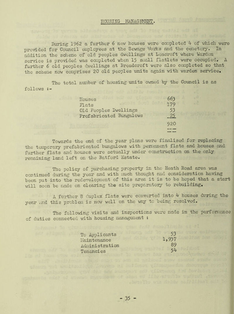 HOUSING MANAGEMENT. During 1962 a further 6 new houses were completed 4 of which were provided for Council employees at the Sewage Works and the cemetery* In addition the scheme of old peoples dwellings at Leacroft where Warden service is provided was completed when 15 small flatlets were occupied* A further 6 old peoples dwellings at Breadcroft were also completed so that the scheme now comprises 20 old peoples units again with warden service* The total number of housing units owned by the Council is as follows Houses 663 Flats 179 Old Peoples Dwellings 53 Prefabricated Bungalows 25 920 Towards the end of the year plans were finalised for replacing the temporary prefabricated bungalows with permanent flats and houses and further flats and houses were actually under construction on the only remaining land left on the Batford Estate. The policy of purchasing property in the Heath Road area was continued during the year and with much thought and consideration having been put into the redevelopment of this ares it is to be hoped that a start will soon be made on clearing the site preparatory to rebuilding. A further 8 duplex flats were converted into 4 houses during the year and this problem is now well on the way to being resolved. The following visits and inspections were made in the performance of duties connected with housing management : To Applicants 53 Maintenance 1 > 93 7 Administration 89 Tenancies 54