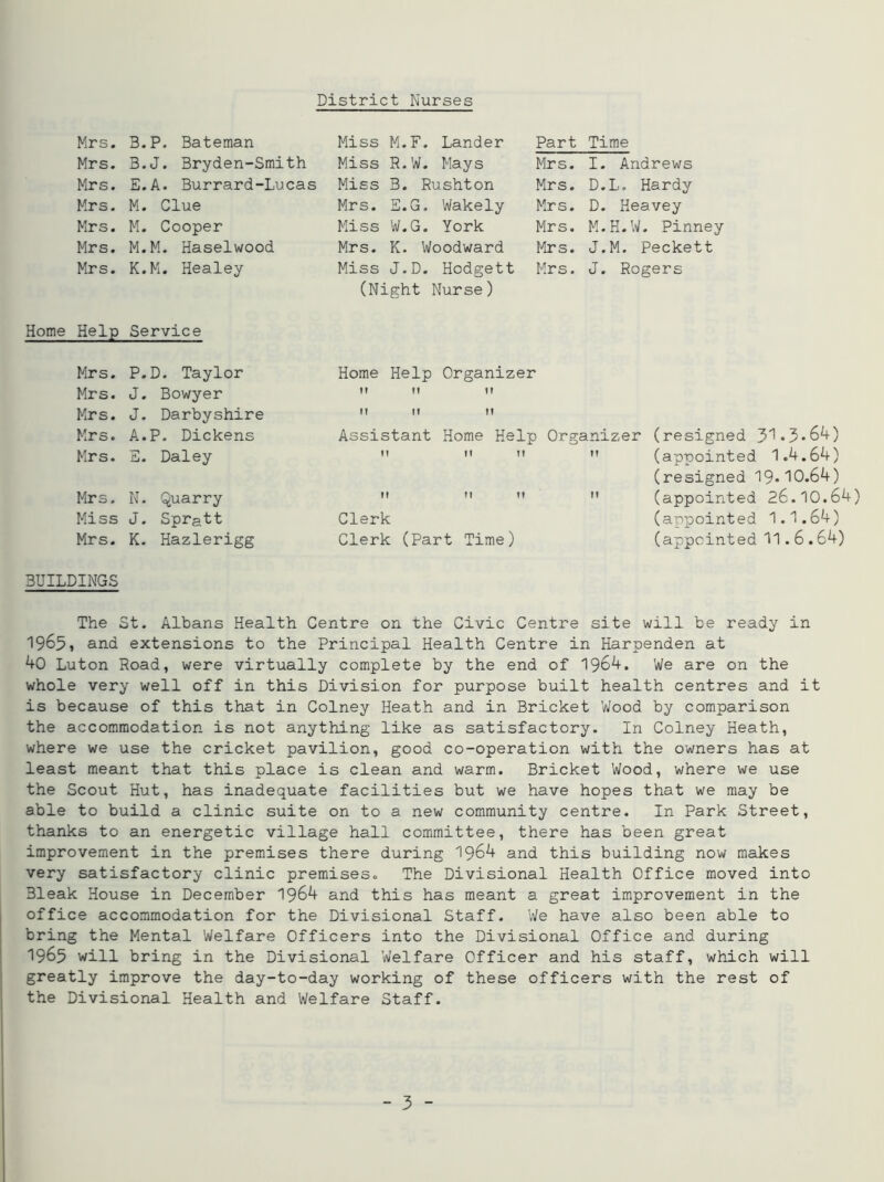 District Nurses Mrs, B.P. Bateman Miss M.F. Lander Part Time Mrs. B.J. Bryden-Smith Miss R.W. Mays Mrs. I. Andrews Mrs. E.A. Burrard-Lucas Miss B. Rushton Mrs. D.L. Hardy Mrs. M. Clue Mrs. E.G. Wakely Mrs. D. Heavey Mrs. M. Cooper Miss W.G. York Mrs. M.H.W. Pinney Mrs. M.M. Haselwood Mrs. K. Woodward Mrs. J.M. Peckett Mrs. Home Help K.M. Healey Service Miss J.D. Hodgett (Night Nurse) Mrs. J. Rogers Mrs. Mrs. Mrs. P.D. Taylor J. Bowyer J. Darbyshire Home Help Organizer 1! tl It It If tt Mrs. A.P. Dickens Assistant Home Help Organizer (resigned 31*3*64) Mrs. E. Daley II If I! M (appointed 1.4.64) (resigned 19*10.64) Mrs. N. Quarry It II It  (appointed 26.10.64) Miss J. Spratt Clerk (appointed 1.1.64) Mrs. BUILDINGS K. Hazlerigg Clerk (Part Time) (appointed 11.6.64) The St. Albans Health Centre on the Civic Centre site will be ready in 1965, and extensions to the Principal Health Centre in Harpenden at 40 Luton Road, were virtually complete by the end of 1964. We are on the whole very well off in this Division for purpose built health centres and it is because of this that in Colney Heath and in Bricket Wood by comparison the accommodation is not anything like as satisfactory. In Colney Heath, where we use the cricket pavilion, good co-operation with the owners has at least meant that this place is clean and warm. Bricket Wood, where we use the Scout Hut, has inadequate facilities but we have hopes that we may be able to build a clinic suite on to a new community centre. In Park Street, thanks to an energetic village hall committee, there has been great improvement in the premises there during 1964 and this building now makes very satisfactory clinic premises.. The Divisional Health Office moved into 31eak House in December 1964 and this has meant a great improvement in the office accommodation for the Divisional Staff. We have also been able to bring the Mental Welfare Officers into the Divisional Office and during 1965 will bring in the Divisional Welfare Officer and his staff, which will greatly improve the day-to-day working of these officers with the rest of the Divisional Health and Welfare Staff.