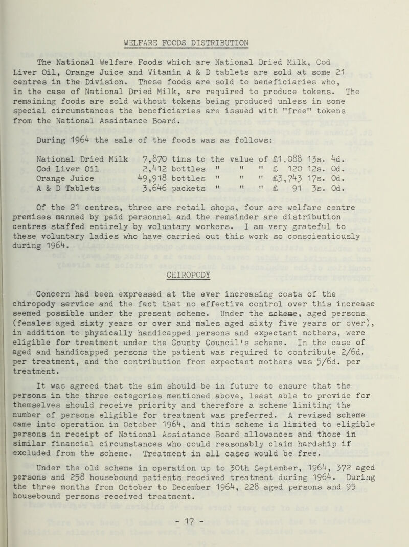 WELFARE FOODS DISTRIBUTION The National Welfare Foods which are National Dried Milk, Cod Liver Oil, Orange Juice and Vitamin A & D tablets are sold at some 21 centres in the Division. These foods are sold to beneficiaries who, in the case of National Dried Milk, are required to produce tokens. The remaining foods are sold without tokens being produced unless in some special circumstances the beneficiaries are issued with free tokens from the National Assistance Board. During 1964 the sale of the foods was as follows: National Dried Milk 7,870 tins to the value of £1,088 13s. 4d. Cod Liver Oil 2,412 bottles    £ 120 12s. Od. Orange Juice 49,918 bottles    £3,743 17s. Od. A & D Tablets 3»646 packets M   £ ^ 3s. Od. Of the 21 centres, three are retail shops, four are welfare centre premises manned by paid personnel and the remainder are distribution centres staffed entirely by voluntary workers. I am very grateful to these voluntary ladies who have carried out this work so conscientiously during 1964. CHIROPODY Concern had been expressed at the ever increasing costs of the chiropody service and the fact that no effective control over this increase seemed possible under the present scheme. Under the scheme, aged persons (females aged sixty years or over and males aged sixty five years or over), in addition to physically handicapped persons and expectant mothers, were eligible for treatment under the County Council's scheme. In the case of aged and handicapped persons the patient was required to contribute 2/6d. per treatment, and the contribution from expectant mothers was 5/6d. per treatment. It was agreed that the aim should be in future to ensure that the persons in the three categories mentioned above, least able to provide for themselves should receive priority and therefore a scheme limiting the number of persons eligible for treatment was preferred. A revised scheme came into operation in October 1964, and this scheme is limited to eligible persons in receipt of National Assistance Board allowances and those in similar financial circumstances who could reasonably claim hardship if excluded from the scheme. Treatment in all cases would be free. Under the old scheme in operation up to 30th September, 1964, 372 aged persons and 258 housebound patients received treatment during 1964. During the three months from October to December 1964, 228 aged persons and 95 housebound persons received treatment.