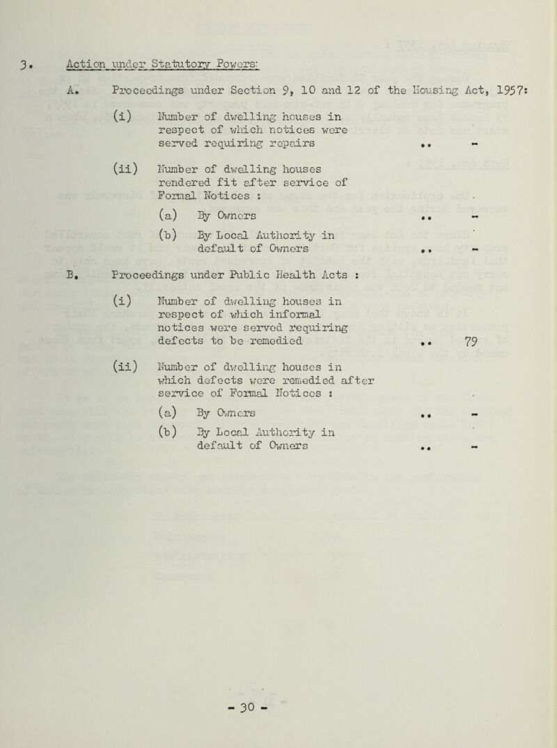 3 Action under Statutory Powers: A* Proceedings under Section 9? 10 and 12 of the Housing Act, 1957s (i) Humber of dwelling houses in respect of which notices were served requiring repairs •• - (ii) Humber of dwelling houses rendered fit after service of Formal Notices s (a) By Owners • • - (b) By Local Authority in default of Owners • # - Proceedings under Public Health Acts : (i) Humber of dwelling houses in respect of which informal notices were served requiring defects to be remedied • • 79 (ii) Humber of dwelling houses in which defects were remedied after service of Formal Notices % (a) By Owners • • - (b) By Local Authority in default of Owners • •