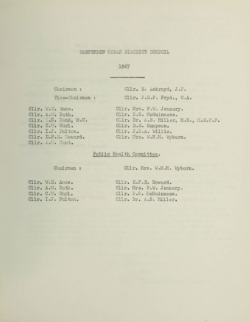 HABPERDEN URBAN DISTRICT COUNCIL 1967 Chairman ; Cllr. E. iiCkroyd, J.P. Vice-Chairman s Cllr. J.H.P. Fryd., C.A. Cllr. W.E. Amos. Cllr. Mrs. P.V7. Jennery. Cllr. A.17. Bath. Cllr. B.G. McGuinness. Cllr. l.H. Bond, M.C. Cllr. Dr. A.B. Miller, M.B. Cllr. C.W. Curl. Cllr. D.R. Sampson. Cllr. I.J. Pulton. Cllr. J.B.A. Willis. Cllr. E.F.E. Howard. Cllr. Mrs. W.M.M. Wyborn. Cllr. A.17. Hunt. Public Health Committee. Chairman s Cllr. Mrs. W.M.M. Wyborn Cllr. W.E. 7mos. Cllr. E.P.E. Howard. Cllr. A.17. Bath. Cllr, Mrs. P.W. Jennery. Cllr. C.17. Curl. Cllr. B.G. McGuinness. Cllr. I.J. Puilton. Cllr. Dr. A.B. Miller.