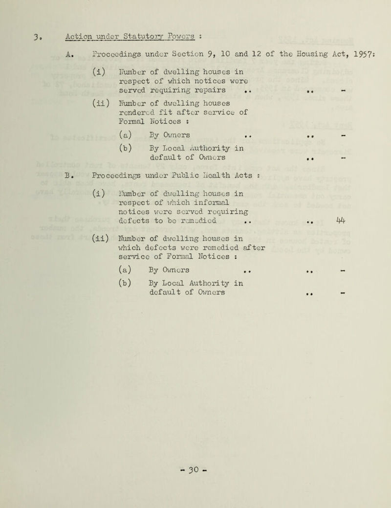 3 Action under Statutory Powers ; A* Proceedings under Section 9, 10 and 12 of the Housing Act, 1957 (i) Humber of dwelling houses in respect of which notices were served requiring repairs .. .. - (ii) Humber of dwelling houses rendered fit after service of Formal Notices % (a) By Owners .. .. - (b) By Local Authority in default of Owners .. B. Proceedings under Public health Acts s (i) Humber of dwelling houses in respect of which informal notices were served requiring defects to bo remedied .. .. A4 (ii) Number of dwelling houses in which defects were remedied after service of Formal Notices : (a) By Owners .. • • - M By Local Authority in default of Owners • • -