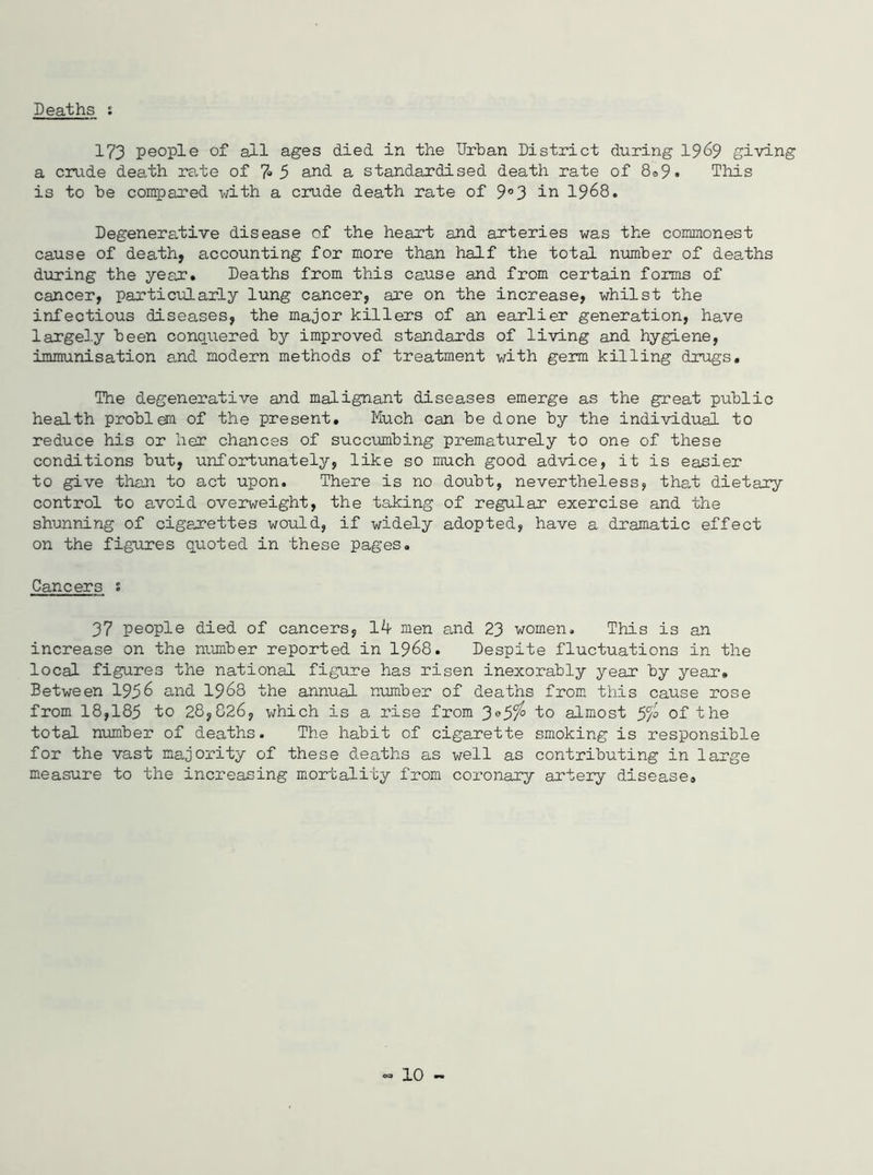 173 people of all ages died in the IJrhan District during 1969 giving a crude death rate of 7- 5 and a standardised death rate of 8®9« This is to be compared with a crude death rate of 9°3 in 1968. Degenerative disease of the heart and arteries was the commonest cause of death, accounting for more than half the total number of deaths during the year. Deaths from this cause and from certain forms of cancer, particularly lung cancer, are on the increase, whilst the infectious diseases, the major killers of an earlier generation, have largely been conquered by improved standards of living and hygiene, immunisation and modern methods of treatment with germ killing drugs. The degenerative and malignant diseases emerge as the great public health problem of the present. Much can be done by the individual to reduce his or her chances of succumbing prematurely to one of these conditions but, unfortunately, like so much good advice, it is easier to give than to act upon. There is no doubt, nevertheless, that dietary control to avoid overweight, the taking of regular exercise and the shunning of cigarettes would, if widely adopted, have a dramatic effect on the figures quoted in these pages. Cancers s 37 people died of cancers, 1^ men and 23 women. This is an increase on the number reported in 1968. Despite fluctuations in the local figures the national figure has risen inexorably year by year. Between 1956 and 1968 the annual number of deaths from this cause rose from 18,185 to 28,826, which is a rise from 3®5^ to almost 57° of the total number of deaths. The habit of cigarette smoking is responsible for the vast majority of these deaths as well as contributing in large measure to the increasing mortality from coronary artery disease.