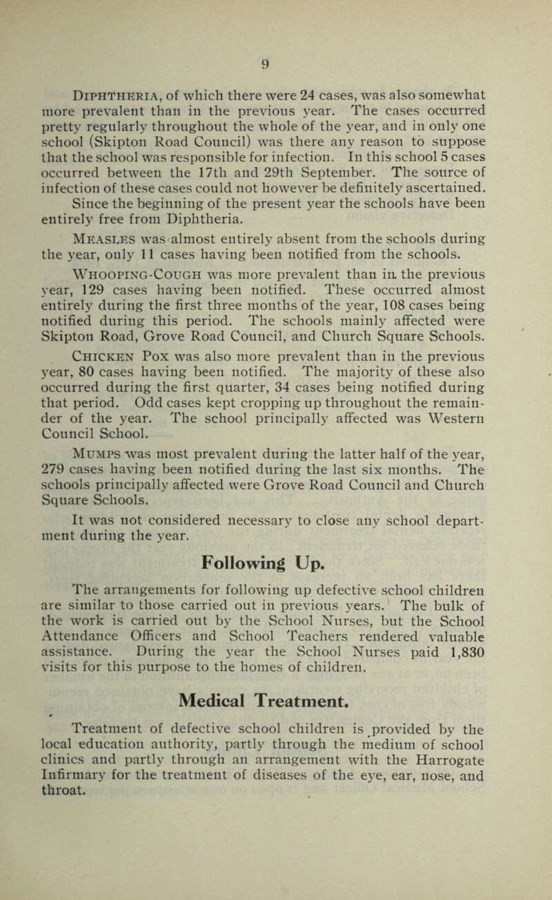 Diphtheria, of which there were 24 cases, was also somewhat more prevalent than in the previous year. The cases occurred pretty regularly throughout the whole of the year, and in only one school (Skipton Road Council) was there any reason to suppose that the school was responsible for infection. In this school 5 cases occurred between the 17th and 29th September. The source of infection of these cases could not however be definitely ascertained. Since the beginning of the present year the schools have been entirely free from Diphtheria. Measees was/almost entirely absent from the schools during the year, only 11 cases having been notified from the schools. Whooping-Cough was more prevalent than in the previous year, 129 cases having been notified. These occurred almost entirely during the first three months of the year, 108 cases being notified during this period. The schools mainly affected were Skipton Road, Grove Road Council, and Church Square Schools. Chicken Pox was also more prevalent than in the previous year, 80 cases having been notified. The majority of these also occurred during the first quarter, 34 cases being notified during that period. Odd cases kept cropping up throughout the remain- der of the year. The school principally affected was Western Council School. Mumps was most prevalent during the latter half of the year, 279 cases having been notified during the last six months. The schools principally affected were Grove Road Council and Church Square Schools. It was not considered necessary to close any school depart- ment during the year. Following Up. The arrangements for following up defective school children are similar to those carried out in previous years. The bulk of the work is carried out by the School Nurses, but the School Attendance Officers and School Teachers rendered valuable assistance. During the year the School Nurses paid 1,830 visits for this purpose to the homes of children. Medical Treatment. Treatment of defective school children is provided by the local education authority, partly through the medium of school clinics and partly through an arrangement with the Harrogate Infirmary for the treatment of diseases of the eye, ear, nose, and throat.