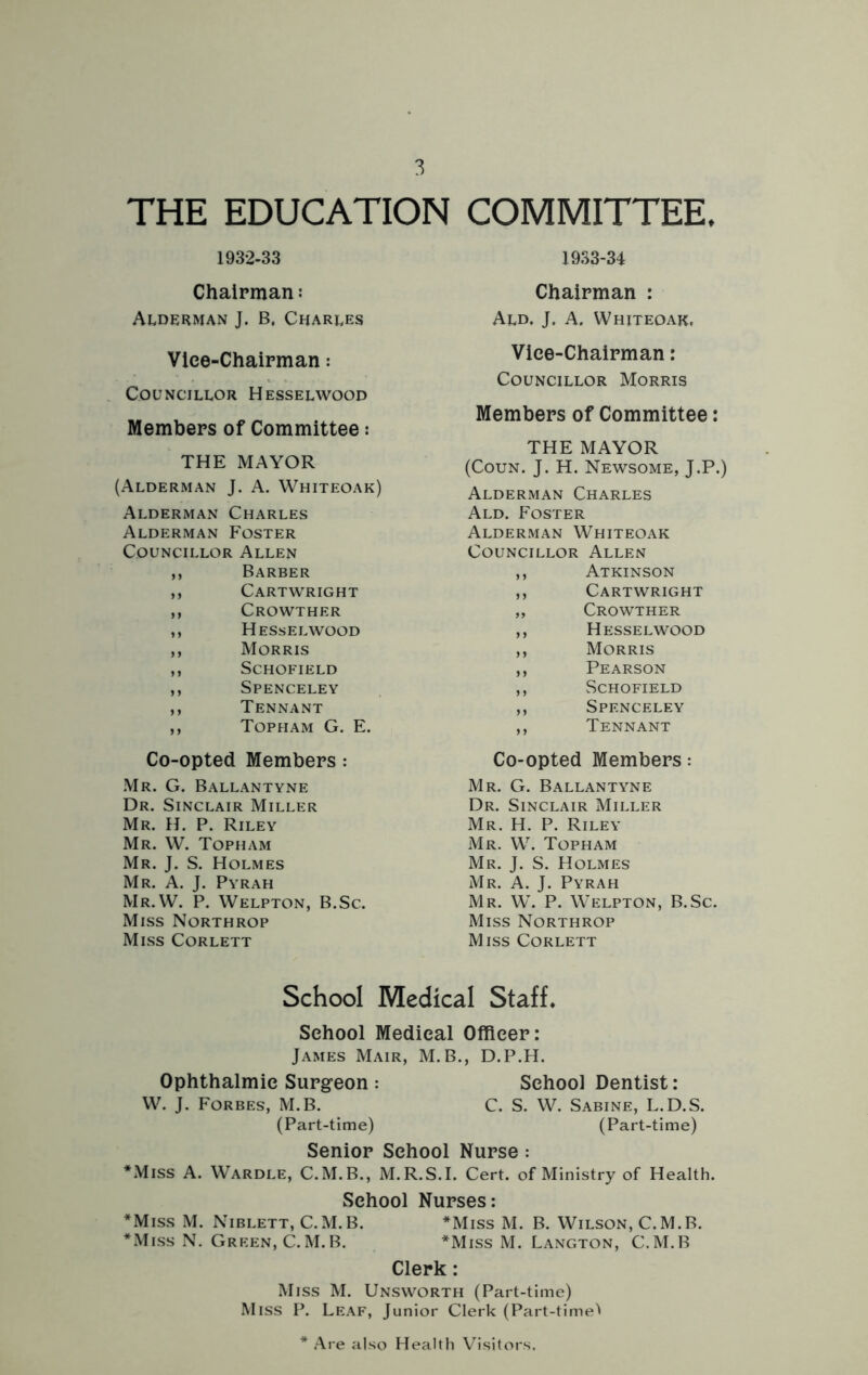 THE EDUCATION COMMITTEE, 1932-33 Chairman: Alderman J. B. Charles Vice-Chairman: Councillor Hesselwood Members of Committee: THE MAYOR (Alderman J. A. Whiteoak) Alderman Charles Alderman Foster Councillor Allen ,, Barber ,, Cartwright ,, Crowther ,, Hesselwood ,, Morris ,, Schofield ,, Spenceley ,, Tennant ,, Topham G. E. Co-opted Members : Mr. G. Ballantyne Dr. Sinclair Miller Mr. H. P. Riley Mr. W. Topham Mr. J. S. Holmes Mr. A. J. Pyrah Mr.W. P. Welpton, B.Sc. Miss Northrop Miss Corlett 1933-34 Chairman : Ald. J. A. Whiteoak, Vice-Chairman: Councillor Morris Members of Committee: THE MAYOR (Coun. J. H. Newsome, J.P.) Alderman Charles Ald. Foster Alderman Whiteoak Councillor Allen ,, Atkinson ,, Cartwright „ Crowther ,, Hesselwood ,, Morris ,, Pearson ,, Schofield ,, Spenceley ,, Tennant Co-opted Members: Mr. G. Ballantyne Dr. Sinclair Miller Mr. H. P. Riley Mr. W. Topham Mr. J. S. Holmes Mr. A. J. Pyrah Mr. W. P. Welpton, B.Sc. Miss Northrop Miss Corlett School Medical Staff. School Medical Officer: James Mair, M.B., D.P.H. Ophthalmic Surgeon : School Dentist: W. J. Forbes, M.B. C. S. W. Sabine, L.D.S. (Part-time) (Part-time) Senior School Nurse : *Miss A. Wardle, C.M.B., M.R.S.I. Cert, of Ministry of Health. School Nurses: *Miss M. Niblett, C.M.B. *Miss M. B. Wilson, C.M.B. *Miss N. Green, C.M.B. *Miss M. Langton, C.M.B Clerk: Miss M. Unsworth (Part-time) Miss P. Leaf, Junior Clerk (Part-time^ Are also Health Visitors,