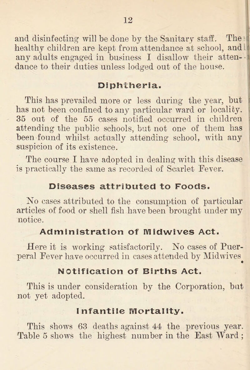 and disinfecting will be done by the Sanitary staff. The healthy children are kept from attendance at school, and any adults engaged in business I disallow their atten- dance to their duties unless lodged out of the house. Diphtheria. This has prevailed more or less during the year, but has not been confined to any particular ward or locality. 35 out of the 55 cases notified occurred in children attending the public schools, but not one of them has been found whilst actually attending school, with any suspicion of its existence. The course I have adopted in dealing with this disease is practically the same as recorded of Scarlet Fever. Diseases attributed to Foods. No cases attributed to the consumption of particular articles of food or shell fish have been brought under my notice. Administration of iviidwives Act. Here it is working satisfactorily. No cases of Puer- peral Fever have occurred in cases attended by Midwives Notification of Births Act. This is under consideration by the Corporation, but not yet adopted. Infantile Mortality. This shows 63 deaths against 44 the previous year. Table 5 shows the highest number in the East Ward ;