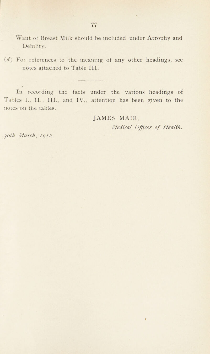 Want of Breast Milk should be included under Atrophv and Debility. (d) For references to the meaning of any other headings, see notes attached to Table III. In recording the facts under the various headings of Tables I., II., III., and IV,, attention has been given to the notes on the tables. joth March, 1912. JAMES MAIR, Medical Officer of Health.
