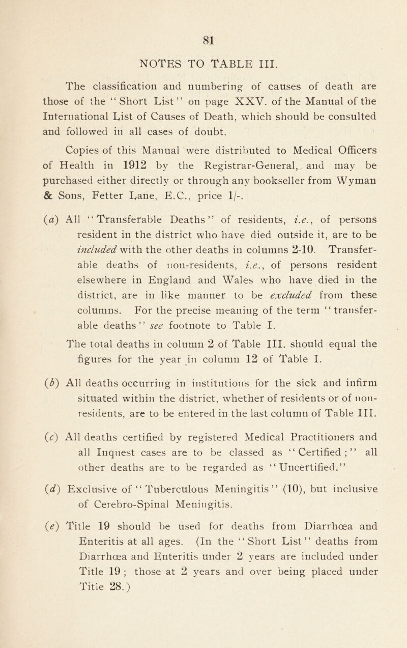 NOTES TO TABLE III. The classification and numbering of causes of death are those of the “Short List” on page XXV. of the Manual of the International List of Causes of Death, which should be consulted and followed in all cases of doubt. Copies of this Manual were distributed to Medical Officers of Health in 1912 by the Registrar-General, and may be purchased either directly or through any bookseller from Wyman & Sons, Fetter Lane, E.C., price 1/-. (a) All “Transferable Deaths” of residents, i.e., of persons resident in the district who have died outside it, are to be included with the other deaths in columns 2-10. Transfer- able deaths of non-residents, i.e., of persons resident elsewhere in England and Wales who have died in the district, are in like manner to be excluded from these columns. For the precise meaning of the term “ transfer- able deaths” see footnote to Table I. The total deaths in column 2 of Table III. should equal the figures for the year in column 12 of Table I. (b) All deaths occurring in institutions for the sick and infirm situated within the district, whether of residents or of non- residents, are to be entered in the last column of Table III. (c) All deaths certified by registered Medical Practitioners and all Inquest cases are to be classed as “Certified;” all other deaths are to be regarded as “Uncertified.” (d) Exclusive of “ Tuberculous Meningitis” (10), but inclusive of Cerebro-Spinal Meningitis. (e) Title 19 should be used for deaths from Diarrhoea and Enteritis at all ages. (In the “Short List” deaths from Diarrhoea and Enteritis under 2 years are included under Title 19 ; those at 2 years and over being placed under Title 28.)