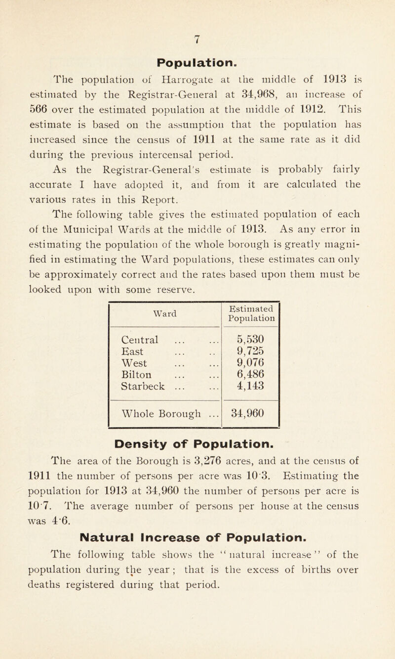 Population. The population of Harrogate at the middle of 1913 is estimated by the Registrar-General at 34,968, an increase of 566 over the estimated population at the middle of 1912. This estimate is based on the assumption that the population has increased since the census of 1911 at the same rate as it did during the previous intercensal period. As the Registrar-General's estimate is probably fairly accurate I have adopted it, and from it are calculated the various rates in this Report. The following table gives the estimated population of each of the Municipal Wards at the middle of 1913. As any error in estimating the population of the whole borough is greatly magni- fied in estimating the Ward populations, these estimates can only be approximately correct and the rates based upon them must be looked upon with some reserve. Ward Estimated Population Central East West Bilton Starbeck ... 5,530 9,725 9,076 6,486 4,143 Whole Borough ... 34,960 Density of Population. The area of the Borough is 3,276 acres, and at the census of 1911 the number of persons per acre was 10 3. Estimating the population for 1913 at 34,960 the number of persons per acre is 10-7. The average number of persons per house at the census was 46. Natural Increase of Population. The following table shows the “natural increase” of the population during the year; that is the excess of births over deaths registered during that period.