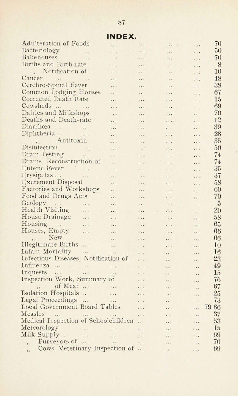 INDEX. Adulteration of Foods Bacteriology Bakehouses Births and Birth-rate ,, Notification of Cancer Cerebro-Spinal Fever Common Lodging Houses Corrected Death Rate Cowsheds ... Dairies and Milkshops Deaths and Death-rate Diarrhoea . . Diphtheria .. ,, Antitoxin Disinfection Drain Testing Drains, Reconstruction of Enteric Fever Erysipelas... Excrement Disposal Factories and Workshops Food and Drugs Acts Geology Health Visiting House Drainage Housing Houses, Empty ,, New Illegitimate Births ... Infant Mortality Infectious Diseases, Notification of Influenza ... Inquests Inspection Work, Summary of ,, of Meat ... Isolation Hospitals Legal Proceedings ... Local Government Board Tables Measles Medical Inspection of Schoolchildren Meteorology Milk Supply ... ,, Purveyors of ... ,, Cows, Veterinary Inspection of 70 50 70 8 10 48 38 67 15 69 70 12 39 28 35 50 74 74 35 37 58 60 70 5 20 58 65 66 66 10 16 23 49 15 76 67 25 73 79-86 37 53 15 69 70 69