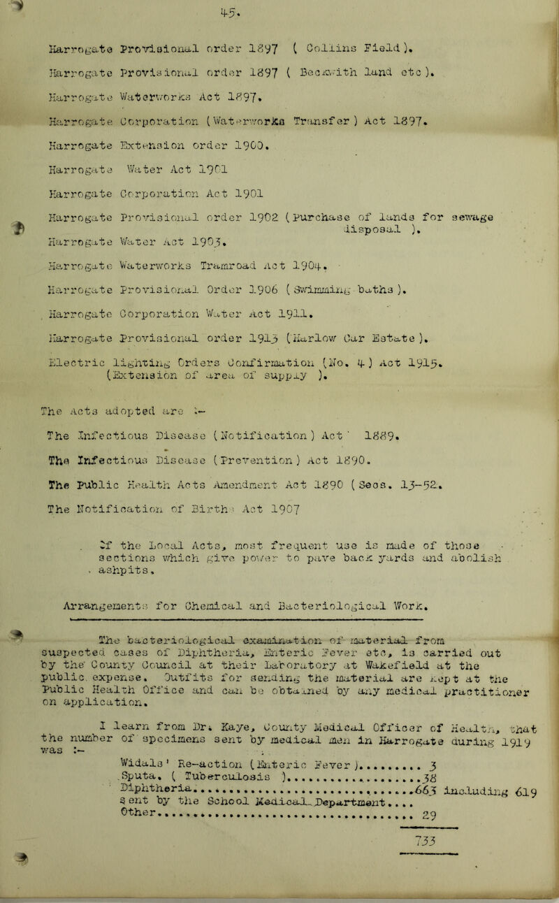 J> 4-5- Harrogate Harrogate Harrogate Harrogate Harrogate Harrogate Harrogate Harrogate Harrogate Provisional order 1897 ( Collins Field). Provisional order 1897 ( Becavith land etc). Waterworks Act 1897* Corporation (Waterworks Transfer) Act 1897* Extension order 1900. Water Act 1901 Corporation Act 1901 Provisional order Water Act 1903* 1902. (Purchase of lands for sewage disposal ), Harrogate Waterworks Tr&mroad Act 1904* Harrogate Provisional Order 3.906 (Swimming-baths). Harrogate Corporation Water Act I9H* Harrogate provisional order 1913 ('Harlow Car Estate ). Electric lighting Orders Confirmation (Ho. 4) Act I9I3* (Extension of area of supply ). The Acts adopted are i— The Infectious Disease (notification) Act' 1889* The Infectious Disease (Prevention) Act 1890. The Public Health Acts Amendment Act 1890 (Seas. I3-52. The notification of Births Act 1907 If the Local Acts., most frequent use is made of those sections which give power to pave back yards and abolish ashpits. Arrangements for Chemical and Bacteriological Work. The bacteriological examination of material from suspected cases of Diphtheria, Enteric Fever etc, is carried out by the' County Council at their Laboratory at Wakefield, at the public, expense. Outfits for sending the material are kept at the Public Health Office and can be obtained by any medical practitioner on application. I learn from Dri Kaye, County Medical Officer of Health, that the number oi specimens sent by medical men in Harrogate during 1919 was ; Widals’ Re—action (Enteric Fever).......,. 3 .Sputa, ( Tuberculosis ) 3# Diphtheria. *663 including 619 Sent by the School Kadical_. .Department... . Other , * 2.9 733