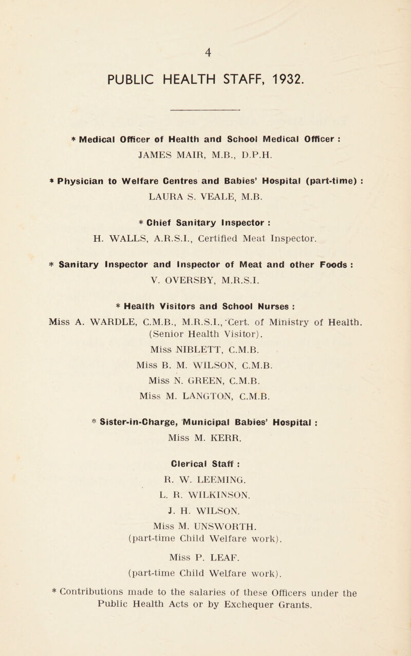 PUBLIC HEALTH STAFF, 1932. * Medical Officer of Health and School Medical Officer : JAMES MAIR, M.B., D.P.H. * Physician to Welfare Centres and Babies’ Hospital (part-time) LAURA S. VEALE, M.B. * Chief Sanitary Inspector : H. WALLS, A.R.S.I., Certified Meat Inspector. * Sanitary Inspector and Inspector of Meat and other Foods : V. OVERSBY, M.R.S.I. * Health Visitors and School Nurses : Miss A. WARDLE, C.M.B., M.R.S.I., Cert, of Ministry of Health (Senior Health Visitor). Miss NIBLETT, C.M.B. Miss B. M. WILSON, C.M.B. Miss N. GREEN, C.M.B. Miss M. LANGTOiN, C.M.B. * Sister-in-Charge, Municipal Babies’ Hospital : Miss M. KERR. Clerical Staff : R. W. LEEMING. L. R. WILKINSON. J. H. WILSON. Miss M. UNSWORTH. (part-time Child Welfare work). Miss P. LEAF. (part-time Child Welfare work). * Contributions made to the salaries of these Officers under the Public Health Acts or by Exchequer Grants.