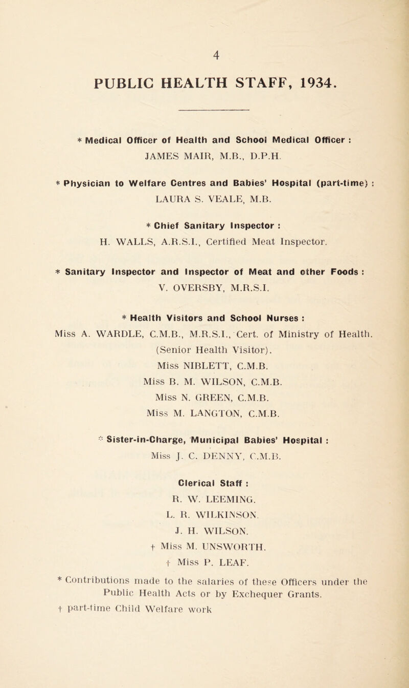 PUBLIC HEALTH STAFF, 1934. * Medical Officer of Health and School Medical Officer : JAMES MAIR, M.B., D.P.H * Physician to Welfare Centres and Babies’ Hospital (part-time) LAURA S. VEALE, M.B. * Chief Sanitary Inspector : H. WALLS, A.R.S.I., Certified Meat Inspector. * Sanitary Inspector and Inspector of Meat and other Foods : V. OVERSBY, M.R.S.I. * Health Visitors and School Nurses : Miss A. WARDLE, C.M.B., M.R.S.I., Cert, of Ministry of Health (Senior Health Visitor). Miss NIBLETT, C.M.B. Miss B. M. WILSON, C.M.B. Miss N. GREEN, C.M.B. Miss M. LANGTON, C.M.B. * Sister-in-Charge, Municipal Babies’ Hospital : Miss J. C. DENNY, C.M.B. Clerical Staff : R. W. LEEMING. L. R. WILKINSON. J. H. WILSON, t Miss M. UNSWORTH. 1 Miss P. LEAF. * Contributions made to the salaries of these Officers under the Public Health Acts or by Exchequer Grants. t part-time Child Welfare work