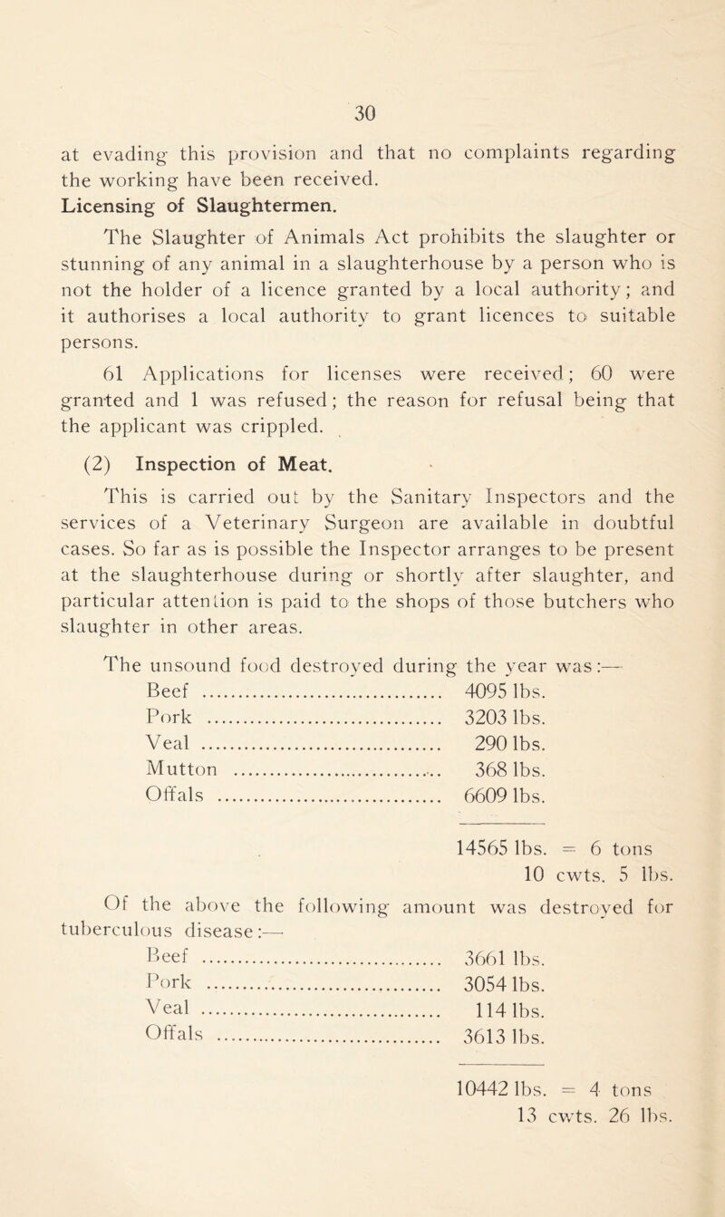 at evading this provision and that no complaints regarding the working have been received. Licensing of Slaughtermen. The Slaughter of Animals Act prohibits the slaughter or stunning of any animal in a slaughterhouse by a person who is not the holder of a licence granted by a local authority; and it authorises a local authority to grant licences to suitable persons. 61 Applications for licenses were received; 60 were granted and 1 was refused; the reason for refusal being that the applicant was crippled. (2) Inspection of Meat. This is carried out by the Sanitary Inspectors and the services of a Veterinary Surgeon are available in doubtful cases. So far as is possible the Inspector arranges to be present at the slaughterhouse during or shortly after slaughter, and particular attention is paid to the shops of those butchers who slaughter in other areas. The unsound food destroyed during the year was:— Beef 4095 lbs. Pork Veal 290 lbs. Mutton Offals 6609 lbs. 14565 lbs. = 6 tons 10 cwts. 5 lbs. Of the above the followi tuberculous disease:—• Beef Pork Veal Offals ng amount was destroyed for 3661 lbs. 3054 lbs. 114 lbs. 3613 lbs. 10442 lbs. = 4 tons 13 cwts. 26 lbs.
