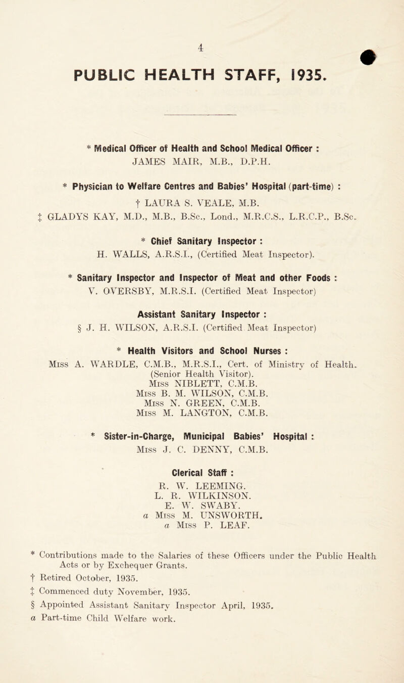 PUBLIC HEALTH STAFF, S935 * Medical Officer of Health and School Medical Officer: JAMES MAIR, M.B., D.P.H. * Physician to Welfare Centres and Babies’ Hospital (part-time) : f LAURA S. VEALE, M.B. % GLADYS KAY, M.D., M.B., B.Sc., Lond., M.R.C.S., L.R.C.P., B.Sc. * Chief Sanitary Inspector: H. WALLS, A.R.S.I., (Certified Meat Inspector). * Sanitary Inspector and Inspector of Meat and other Foods : V. OVERSBY, M.R.S.I. (Certified Meat Inspector) Assistant Sanitary Inspector : § J. H. WILSON, A.R.S.I. (Certified Meat Inspector) * Health Visitors and School Nurses : Miss A. WARDLE, C.M.B., M.R.S.I., Cert, of Ministry of Health. (Senior Health Visitor). Miss NIBLETT, C.M.B. Miss B. M. WILSON, C.M.B. Miss N. GREEN, C.M.B. Miss M. LANGTON, C.M.B. * Sister-in-Charge, Municipal Babies’ Hospital : Miss J. C. DENNY, C.M.B. Clerical Staff : R, W. LEEMING. L. R. WILKINSON. E. W. SWABY. a Miss M. UNSWORTH. a Miss P. LEAF. * Contributions made to the Salaries of these Officers under the Public Health Acts or by Exchequer Grants. t Retired October, 1935. t Commenced duty November, 1935. § Appointed Assistant Sanitary Inspector April, 1935. a Part-time Child Welfare work.