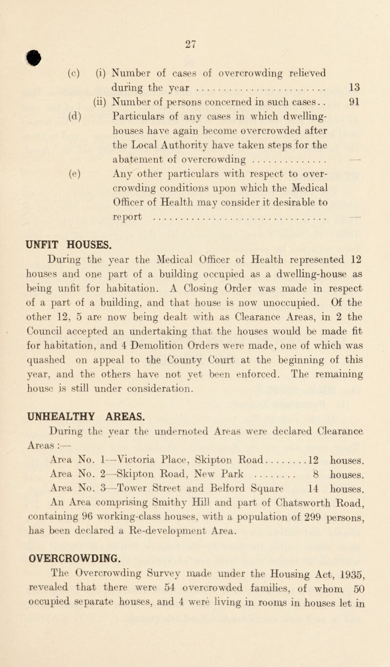 (c) (i) Number of cases of overcrowding relieved during the year 13 (ii) Number of persons concerned in such cases.. 91 (d) Particulars of any cases in which dwelling- houses have again become overcrowded after the Local Authority have taken steps for the abatement of overcrowding (e) Any other particulars with respect to over- crowding conditions upon which the Medical Officer of Health may consider it desirable to report — UNFIT HOUSES. During the year the Medical Officer of Health represented 12 houses and one part of a building occupied as a dwelling-house as being unfit for habitation. A Closing Order was made in respect of a part of a building, and that house is now unoccupied. Of the other 12, 5 are now being dealt with as Clearance Areas, in 2 the Council accepted an undertaking that the houses would be made fit for habitation, and 4 Demolition Orders were made, one of which was quashed on appeal to the County Court at the beginning of this year, and the others have not yet been enforced. The remaining house is still under consideration. UNHEALTHY AREAS. During the year the undernoted Areas were declared Clearance Areas :—• Area No. 1—-Victoria Place, Skipton Road 12 houses. Area No. 2—Skipton Road, New Park 8 houses. Area No. 3—Tower Street and Belford Square 14 houses. An Area comprising Smithy Hill and part of Chatsworth Road, containing 96 working-class houses, with a population of 299 persons, has been declared a Re-development Area. OVERCROWDING. The Overcrowding Survey made under the Housing Act, 1935, revealed that there were 54 overcrowded families, of whom 50 occupied separate houses, and 4 were living in rooms in houses let in