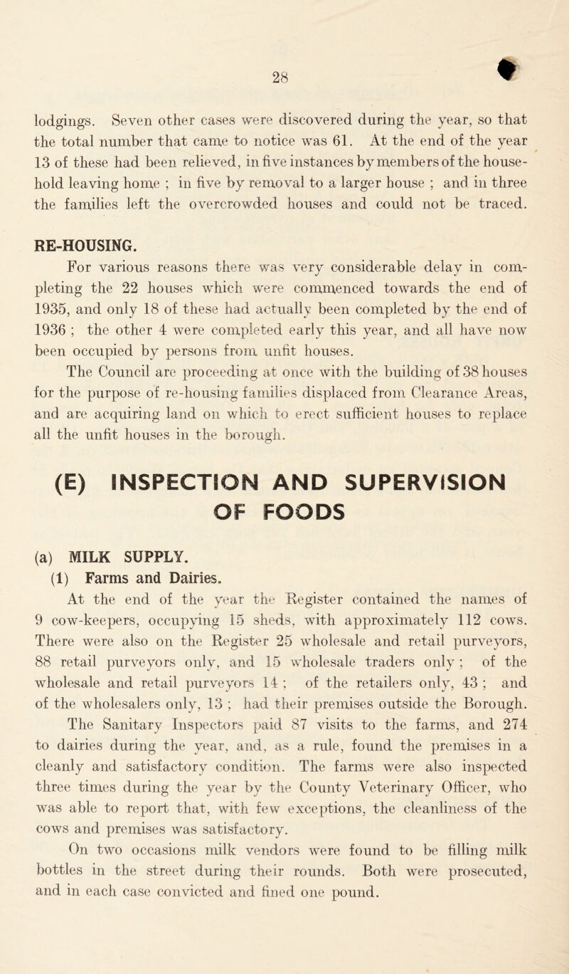 t lodgings. Seven other cases were discovered during the year, so that the total number that came to notice was 61. At the end of the year 13 of these had been relieved, in five instances by members of the house- hold leaving home ; in five by removal to a larger house ; and in three the families left the overcrowded houses and could not be traced. RE-HOUSING. For various reasons there was very considerable delay in com- pleting the 22 houses which were commenced towards the end of 1935, and only 18 of these had actually been completed by the end of 1936 ; the other 4 were completed early this year, and all have now been occupied by persons from unfit houses. The Council are proceeding at once with the building of 38 houses for the purpose of re-housing families displaced from Clearance Areas, and are acquiring land on which to erect sufficient houses to replace all the unfit houses in the borough. (E) INSPECTION AND SUPERVISION OF FOODS (a) MILK SUPPLY. (1) Farms and Dairies. At the end of the year the Register contained the names of 9 cow-keepers, occupying 15 sheds, with approximately 112 cows. There were also on the Register 25 wholesale and retail purveyors, 88 retail purveyors only, and 15 wholesale traders only ; of the wholesale and retail purveyors 14 ; of the retailers only, 43 ; and of the wholesalers only, 13 ; had their premises outside the Borough. The Sanitary Inspectors paid 87 visits to the farms, and 274 to dairies during the year, and, as a rule, found the premises in a cleanly and satisfactory condition. The farms were also inspected three times during the year by the County Veterinary Officer, who was able to report that, with few exceptions, the cleanliness of the cows and premises was satisfactory. On two occasions milk vendors were found to be filling milk bottles in the street during their rounds. Both were prosecuted, and in each case convicted and fined one pound.