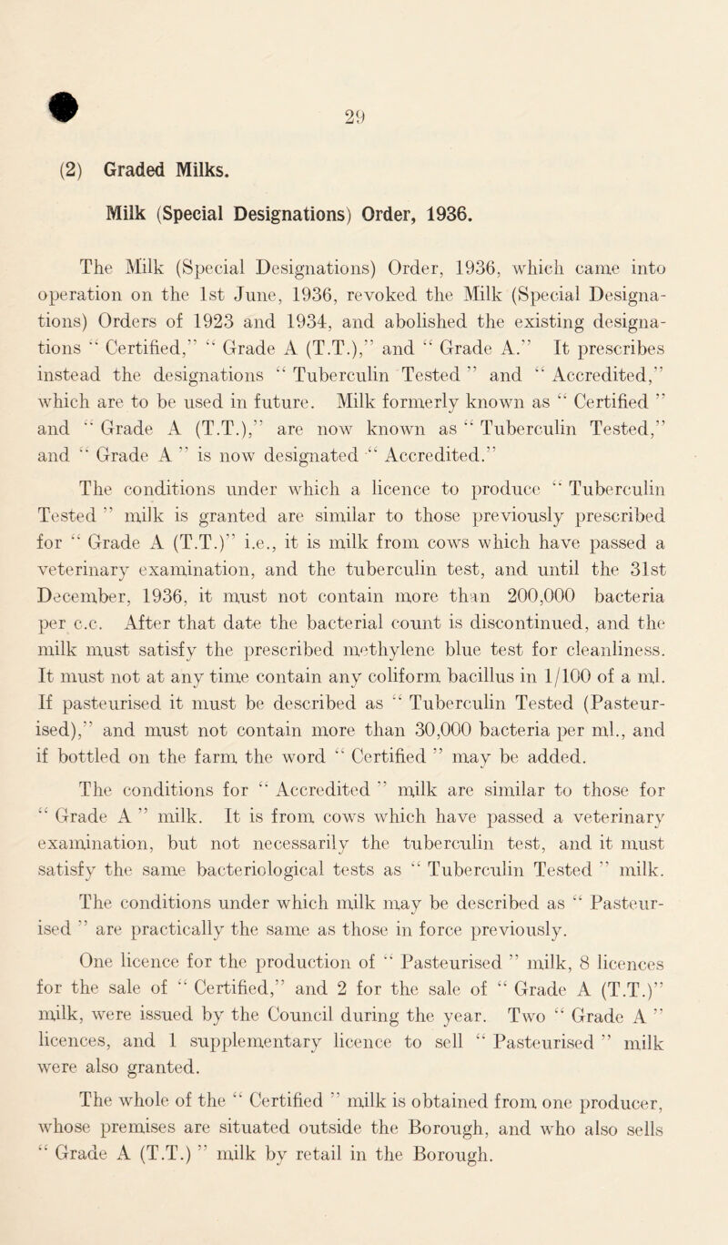 (2) Graded Milks. Milk (Special Designations) Order, 1936. The Milk (Special Designations) Order, 1936, which came into operation on the 1st June, 1936, revoked the Milk (Special Designa- tions) Orders of 1923 and 1934, and abolished the existing designa- tions ” Certified,’' “ Grade A (T.T.),” and “ Grade A. It prescribes instead the designations “ Tuberculin Tested ” and “ Accredited,’’ which are to be used in future. Milk formerly known as “ Certified ” and  Grade A (T.T.),” are now known as “ Tuberculin Tested,” and  Grade A is now designated  Accredited.” The conditions under which a licence to produce Tuberculin Tested ” milk is granted are similar to those previously prescribed for  Grade A (T.T.)” i.e., it is milk from cows which have passed a veterinary examination, and the tuberculin test, and until the 31st December, 1936, it must not contain more than 200,000 bacteria per c.c. After that date the bacterial count is discontinued, and the milk must satisfy the prescribed methylene blue test for cleanliness. It must not at any time contain any coliform bacillus in 1/100 of a ml. If pasteurised it must be described as “ Tuberculin Tested (Pasteur- ised),” and must not contain more than 30,000 bacteria per ml., and if bottled on the farm the word ” Certified ” may be added. The conditions for “ Accredited ” milk are similar to those for “ Grade A ” milk. It is from cows which have passed a veterinary examination, but not necessarily the tuberculin test, and. it must satisfy the same bacteriological tests as “ Tuberculin Tested ” milk. The conditions under which milk may be described as “ Pasteur- ised ” are practically the same as those in force previously. One licence for the production of “ Pasteurised ” milk, 8 licences for the sale of  Certified,” and 2 for the sale of “ Grade A (T.T.)” milk, were issued by the Council during the year. Two “ Grade A ” licences, and 1 supplementary licence to sell “ Pasteurised ” milk were also granted. The whole of the “ Certified ” milk is obtained from one producer, whose premises are situated outside the Borough, and who also sells  Grade A (T.T.) ” milk by retail in the Borough.