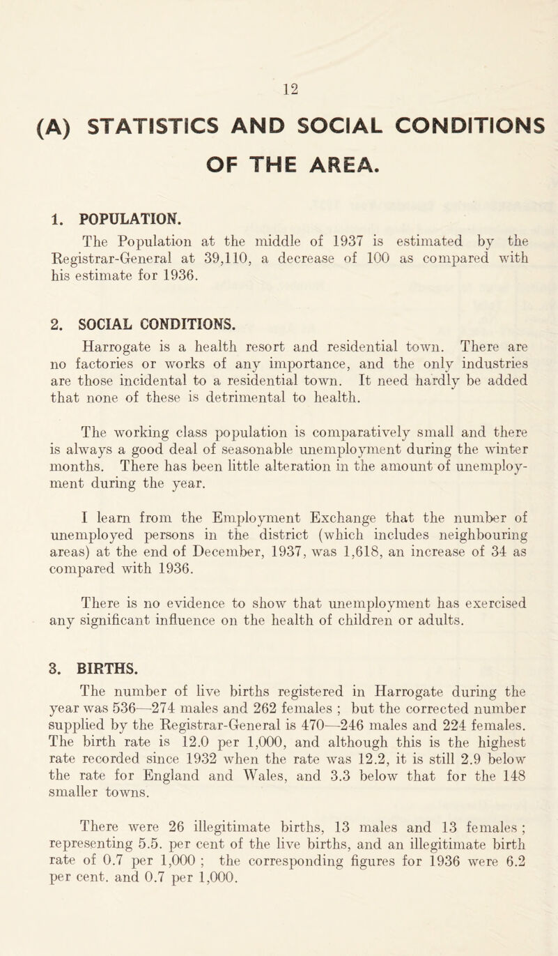 (A) STATISTICS AND SOCIAL CONDITIONS OF THE AREA. 1. POPULATION. The Population at the middle of 1937 is estimated by the Registrar-General at 39,110, a decrease of 100 as compared with his estimate for 1936. 2. SOCIAL CONDITIONS. Harrogate is a health resort and residential town. There are no factories or works of any importance, and the only industries are those incidental to a residential town. It need hardly be added that none of these is detrimental to health. The working class population is comparatively small and there is always a good deal of seasonable unemployment during the winter months. There has been little alteration in the amount of unemploy- ment during the year. I learn from the Employment Exchange that the number of unemployed persons in the district (which includes neighbouring areas) at the end of December, 1937, was 1,618, an increase of 34 as compared with 1936. There is no evidence to show that unemployment has exercised any significant influence on the health of children or adults. 3. BIRTHS. The number of live births registered in Harrogate during the year was 536—274 males and 262 females ; but the corrected number supplied by the Registrar-General is 470—-246 males and 224 females. The birth rate is 12.0 per 1,000, and although this is the highest rate recorded since 1932 when the rate was 12.2, it is still 2.9 below the rate for England and Wales, and 3.3 below that for the 148 smaller towns. There were 26 illegitimate births, 13 males and 13 females ; representing 5.5. per cent of the live births, and an illegitimate birth rate of 0.7 per 1,000 ; the corresponding figures for 1936 were 6.2 per cent, and 0.7 per 1,000.