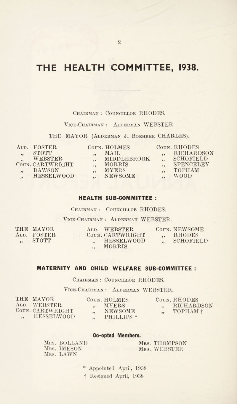 THE HEALTH COMMITTEE, 1938. Chairman : Councillor RHODES. Vice-Chairman : Alderman WEBSTER. THE MAYOR (Alderman J. Boehrer CHARLES). Ald. FOSTER Coun. HOLMES Coun. RHODES „ STOTT 99 MAIL „ RICHARDSON „ WEBSTER 99 MIDDLEBROOK „ SCHOFIELD Coun. CARTWRIGHT 99 MORRIS „ SPENCELEY „ DAWSON 99 MYERS „ TOPHAM „ HESSELWOOD 99 NEWSOME „ WOOD HEALTH SUB-COMMITTEE : Chairman : Councillor RHODES. Vice-Chairman : Alderman WEBSTER. THE MAYOR Ald. WEBSTER Coun. NEWSOME Ald. FOSTER Coun. CARTWRIGHT „ RHODES „ STOTT „ HESSELWOOD „ SCHOFIELD ,, MORRIS MATERNITY AND CHILD WELFARE SUB-COMMITTEE : Chairman : Councillor RHODES. Vice-Chairman : Alderman WEBSTER. THE MAYOR Coun. HOLMES Coun. RHODES Ald. WEBSTER „ MYERS „ RICHARDSON Coun. CARTWRIGHT „ NEWSOME „ TOPHAM t „ HESSELWOOD „ PHILLIPS * Co-opted Members. Mrs. BOLLAND Mrs. THOMPSON Mrs. IMESON Mrs. WEBSTER Mrs. LAWN * Appointed April, 1938 f Resigned April, 1938