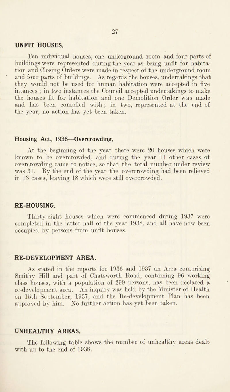 UNFIT HOUSES. Ten individual houses, one underground room and four parts of buildings were represented during the year as being unfit for habita- tion and Closing Orders were made in respect of the underground room and four parts of buildings. As regards the houses, undertakings that they would not be used for human habitation were accepted in five intances ; in two instances the Council accepted undertakings to make the houses fit for habitation and one Demolition Order was made and has been complied with ; in two, represented at the end of the year, no action has yet been taken. Housing Act, 1936—Overcrowding. At the beginning of the year there were 20 houses which were known to be overcrowded, and during the year 11 other cases of overcrowding came to notice, so that the total number under review was 31. By the end of the year the overcrowding had been relieved in 13 cases, leaving 18 which were still overcrowded. RE-HOUSING. Thirty-eight houses which were commenced during 1937 were completed in the latter half of the year 1938, and all have now been occupied by persons from unfit houses. RE-DEVELOPMENT AREA. As stated in the reports for 1936 and 1937 an Area comprising Smithy Hill and part of Chatsworth Road, containing 96 working class houses, with a population of 299 persons, has been declared a re-development area. An inquiry was held by the Minister of Health on 15th September, 1937, and the Re-development Plan has been approved by him. No further action has yet been taken. UNHEALTHY AREAS. The following table shows the number of unhealthy areas dealt with up to the end of 1938.