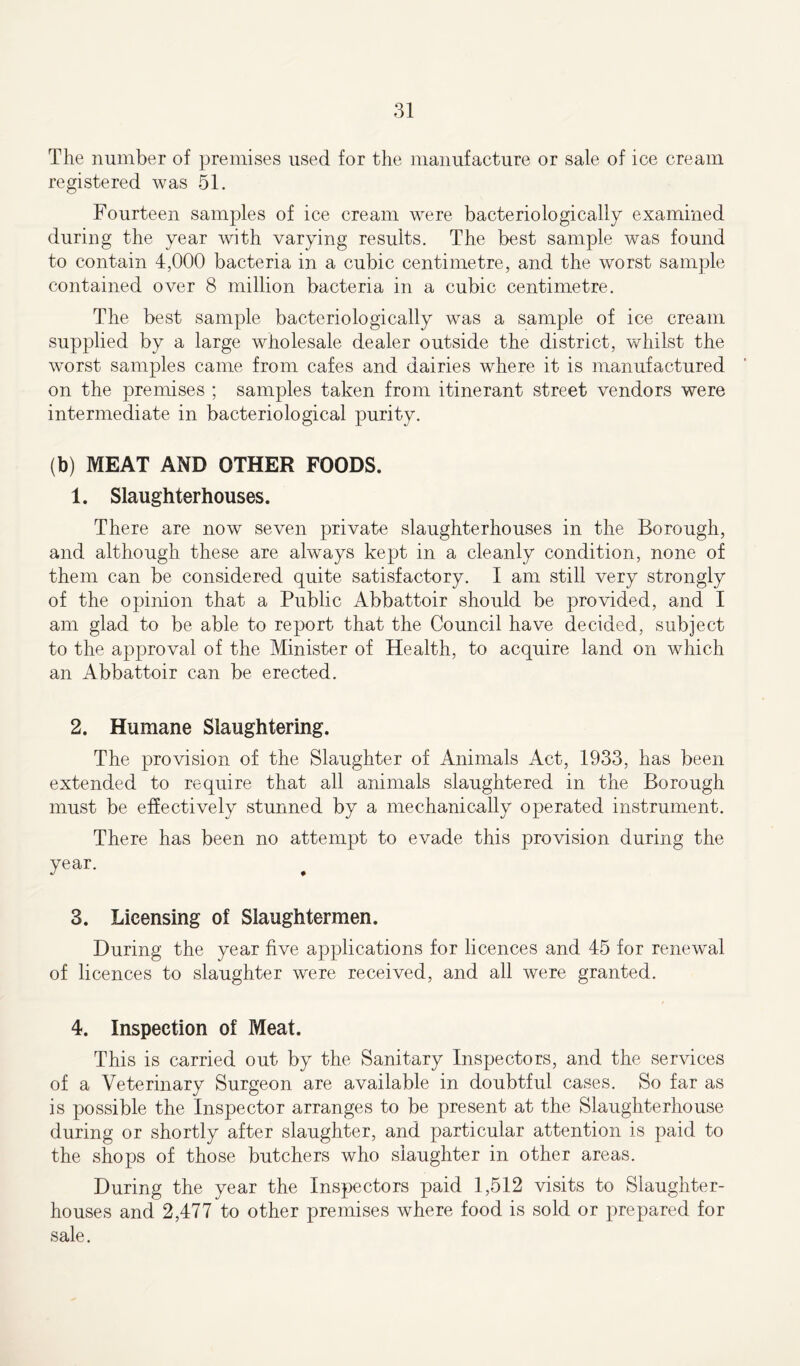 The number of premises used for the manufacture or sale of ice cream registered was 51. Fourteen samples of ice cream were bacteriologically examined during the year with varying results. The best sample was found to contain 4,000 bacteria in a cubic centimetre, and the worst sample contained over 8 million bacteria in a cubic centimetre. The best sample bacteriologically was a sample of ice cream supplied by a large wholesale dealer outside the district, whilst the worst samples came from cafes and dairies where it is manufactured on the premises ; samples taken from itinerant street vendors were intermediate in bacteriological purity. (b) MEAT AND OTHER FOODS. 1. Slaughterhouses. There are now seven private slaughterhouses in the Borough, and although these are always kept in a cleanly condition, none of them can be considered quite satisfactory. I am still very strongly of the opinion that a Public Abbattoir should be provided, and I am glad to be able to report that the Council have decided, subject to the approval of the Minister of Health, to acquire land on which an Abbattoir can be erected. 2. Humane Slaughtering. The provision of the Slaughter of Animals Act, 1933, has been extended to require that all animals slaughtered in the Borough must be effectively stunned by a mechanically operated instrument. There has been no attempt to evade this provision during the 3. Licensing of Slaughtermen. During the year five applications for licences and 45 for renewal of licences to slaughter were received, and all were granted. 4. Inspection of Meat. This is carried out by the Sanitary Inspectors, and the services of a Veterinary Surgeon are available in doubtful cases. So far as is possible the Inspector arranges to be present at the Slaughterhouse during or shortly after slaughter, and particular attention is paid to the shops of those butchers who slaughter in other areas. During the year the Inspectors paid 1,512 visits to Slaughter- houses and 2,477 to other premises where food is sold or prepared for sale.