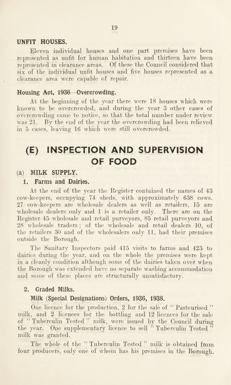 UNFIT HOUSES. Eleven individual houses and one part premises have been represented as unfit for human habitation and thirteen have been represented in clearance areas. Of these the Council considered that six of the individual unfit houses and five houses represented as a clearance area were capable of repair. Housing Act, 1938—Overcrowding. At the beginning of the year there were 18 houses which were known to be overcrowded, and during the year 3 other cases of overcrowding came to notice, so that the total number under review was 21. By the end of the year the overcrowding had been relieved in 5 cases, leaving 16 which were still overcrowded. (E) INSPECTION AND SUPERVISION OF FOOD (a) MILK SUPPLY. 1. Farms and Dairies. At the end of the year the Register contained the names of 43 cow-keepers, occupying 74 sheds, with approximately 638 cows. 27 cow-keepers are wholesale dealers as well as retailers, 15 are wholesale dealers only and 1 is a retailer only. There are on the Register 45 wholesale and retail purveyors, 85 retail purveyors and 28 wholesale traders ; of the wholesale and retail dealers 10, of the retailers 30 and of the wholesalers only 11, had their premises outside the Borough. The Sanitary Inspectors paid 415 visits to farms and 423 to dairies during the year, and on the whole the premises were kept in a cleanly condition although some of the dairies taken over when the Borough was extended have no separate washing accommodation and some of these places are structurally unsatisfactory. 2. Graded Milks. Milk (Special Designations) Orders, 1936, 1938. One licence for the production, 2 for the sale of “ Pasteurised ” milk, and 2 licences for the bottling and 12 licences for the sale of “ Tuberculin Tested ” milk, were issued by the Council during the year. One supplementary licence to sell “ Tuberculin Tested ” milk was granted. The wrhole of the “ Tuberculin Tested ” milk is obtained from four producers, only one of whom has his premises in the Borough.