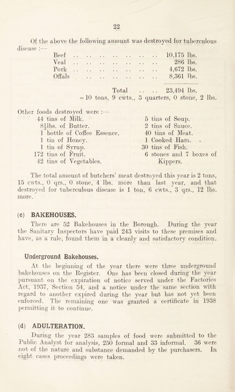 Of the above the following amount was destroyed for tuberculous disease :•—- Beef Veal Pork Offals 10,175 lbs. 286 lbs. 4,672 lbs. 8,361 lbs. Total 10 tons, 9 cwts., . . . . 23,494 lbs. 3 quarters, 0 stone, 2 lbs. Other foods destroyed were :— 1 tin of Honey. 1 tin of Syrup. 172 tins of Fruit. 44 tins of Milk. 8Hbs. of Butter. tml 1 bottle of Coffee Essence. 5 tins of Soup. 2 tins of Sauce. 40 tins of Meat. 1 Cooked Ham. 30 tins of Fish. 42 tins of Vegetables. 6 stones and 7 boxes of Kippers. The total amount of butchers’ meat destroyed this year is 2 tons, 15 cwts., 0 qrs., 0 stone, 4 lbs. more than last year, and that destroyed for tuberculous disease is 1 ton, 6 cwts., 3 qrs., 12 lbs, more. (c) BAKEHOUSES. There are 52 Bakehouses in the Borough. During the year the Sanitary Inspectors have paid 243 visits to these premises and have, as a rule, found them in a cleanly and satisfactory condition. Underground Bakehouses. At the beginning of the year there were three underground bakehouses on the Register. One has been closed during the year pursuant on the expiration of notice served under the Factories Act, 1937, Section 54, and a notice under the same section with regard to another expired during the year but has not yet been enforced. The remaining one was granted a certificate in 1938 permitting it to continue. (d) ADULTERATION. During the year 283 samples of food were submitted to the Public Analyst for analysis, 250 formal and 33 informal. 36 were not of the nature and substance demanded by the purchasers. In eight cases proceedings were taken.
