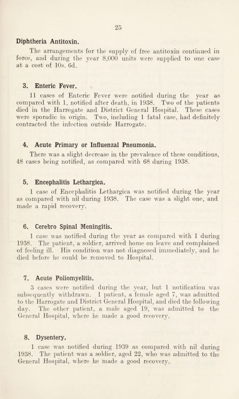 Diphtheria Antitoxin. The arrangements for the supply of free antitoxin continued in force, and during the year 8,000 units were supplied to one case at a cost of 10s. 6d. 3. Enteric Fever. 11 cases of Enteric Fever were notified during the year as compared with 1, notified after death, in 1938. Two of the patients died in the Harrogate and District General Hospital. These cases were sporadic in origin. Two, including 1 fatal case, had definitely contracted the infection outside Harrogate. 4. Acute Primary or Influenzal Pneumonia. There was a slight decrease in the prevalence of these conditions, 48 cases being notified, as compared with 68 during 1938. 5. Encephalitis Lethargica. 1 case of Encephalitis Lethargica was notified during the year as compared with nil during 1938. The case was a slight one, and made a rapid recovery. 6. Cerebro Spinal Meningitis. 1 case was notified during the year as compared with 1 during 1938. The patient, a soldier, arrived home on leave and complained of feeling ill. His condition was not diagnosed immediately, and he died before he could be removed to Hospital. 7. Acute Poliomyelitis. 3 cases were notified during the year, but 1 notification was subsequently withdrawn. 1 patient, a female aged 7, was admitted to the Harrogate and District General Hospital, and died the following day. The other patient, a male aged 19, was admitted to the General Hospital, where he made a good recovery. 8. Dysentery. 1 case was notified during 1939 as compared with nil during 1938. The patient was a soldier, aged 22, who was admitted to the General Hospital, where he made a good recovery.