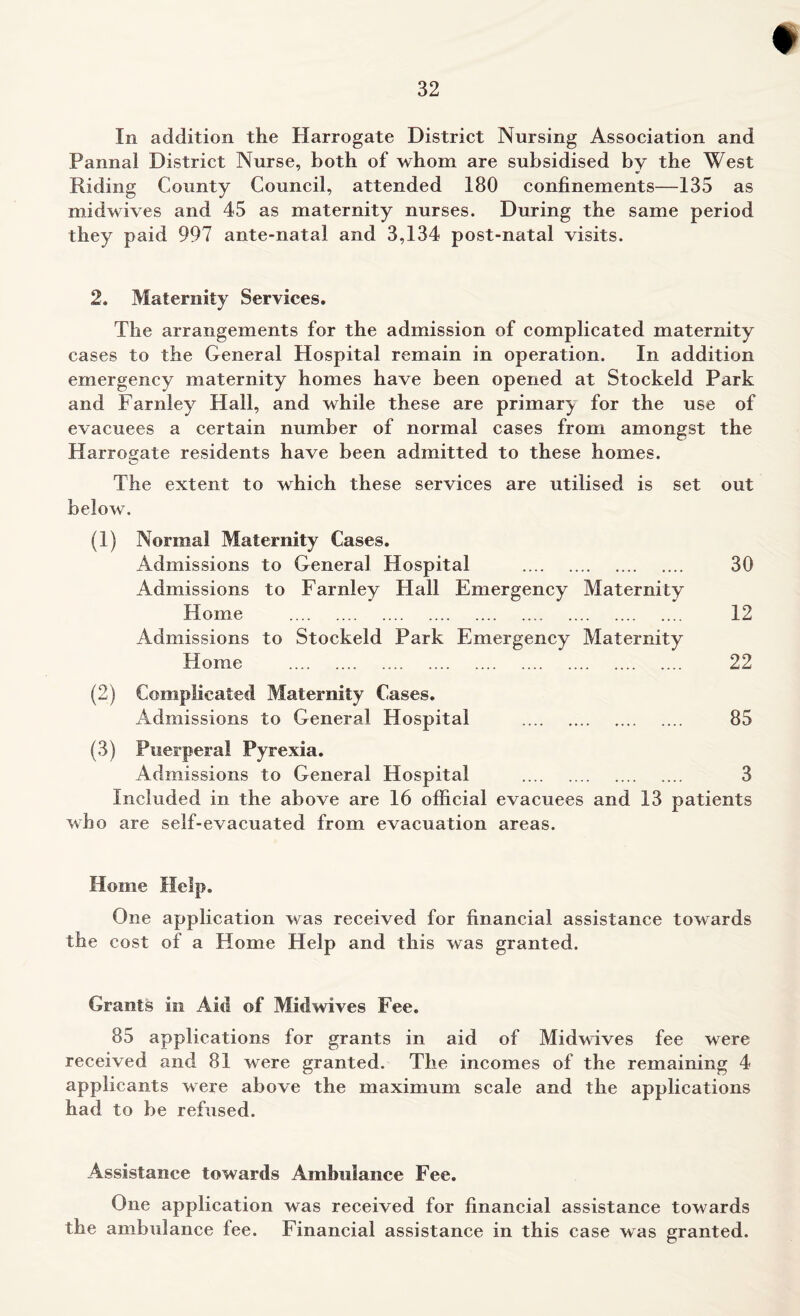 In addition the Harrogate District Nursing Association and Pannal District Nurse, both of whom are subsidised by the West Riding County Council, attended 180 confinements—135 as midwives and 45 as maternity nurses. During the same period they paid 997 ante-natal and 3,134 post-natal visits. 2. Maternity Services. The arrangements for the admission of complicated maternity cases to the General Hospital remain in operation. In addition emergency maternity homes have been opened at Stockeld Park and Farnley Flail, and while these are primary for the use of evacuees a certain number of normal cases from amongst the Harrogate residents have been admitted to these homes. The extent to which these services are utilised is set out below. (1) Normal Maternity Cases. Admissions to General Hospital 30 Admissions to Farnley Hall Emergency Maternity Home 12 Admissions to Stockeld Park Emergency Maternity Home 22 (2) Complicated Maternity Cases. Admissions to General Hospital 85 (3) Puerperal Pyrexia. Admissions to General Hospital 3 Included in the above are 16 official evacuees and 13 patients who are self-evacuated from evacuation areas. Home Help. One application was received for financial assistance towards the cost of a Home Help and this was granted. Grants in Aid of Midwives Fee. 85 applications for grants in aid of Midwives fee were received and 81 were granted. The incomes of the remaining 4 applicants were above the maximum scale and the applications had to be refused. Assistance towards Ambulance Fee. One application was received for financial assistance towards the ambulance fee. Financial assistance in this case was granted.