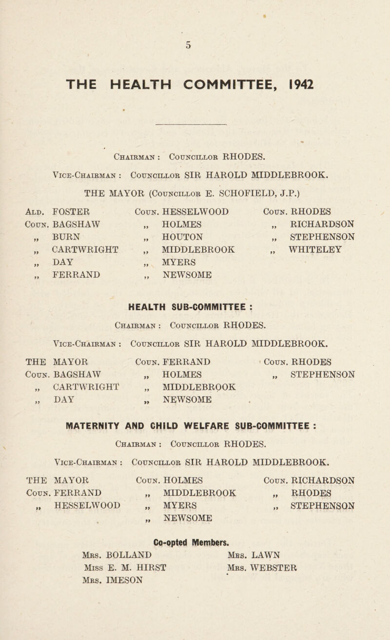 THE HEALTH COMMITTEE, 1942 Chairman : Councillor RHODES. Vice-Chairman : Councillor SIR HAROLD MIDDLEBROOK. THE MAYOR (Councillor E. SCHOFIELD, J.P.) Ald. FOSTER Coun. BAGSHAW BURN CARTWRIGHT DAY FERRAND Coun. HESSELWOOD „ HOLMES „ HOUTON „ MIDDLEBROOK „ MYERS „ NEWSOME Coun. RHODES „ RICHARDSON „ STEPHENSON „ WHITELEY HEALTH SUB-COMMITTEE : Chairman : Councillor RHODES. Vice-Chairman : Councillor SIR HAROLD MIDDLEBROOK. THE MAYOR Coun. FERRAND Coun. BAGSHAW „ HOLMES „ CARTWRIGHT „ MIDDLEBROOK „ day „ NEWSOME Coun. RHODES „ STEPHENSON MATERNITY AND CHILD WELFARE SUB-COMMITTEE : Chairman : Councillor RHODES. Vice-Chairman : Councillor SIR HAROLD MIDDLEBROOK. THE MAYOR Coun. HOLMES Coun. RICHARDSON Coun. FERRAND „ MIDDLEBROOK „ RHODES „ HESSELWOOD „ MYERS „ STEPHENSON „ NEWSOME Co-opted Members. Mrs. BOLLAND Mbs. LAWN Miss E. M. HIRST Mrs. WEBSTER Mrs. IMESON