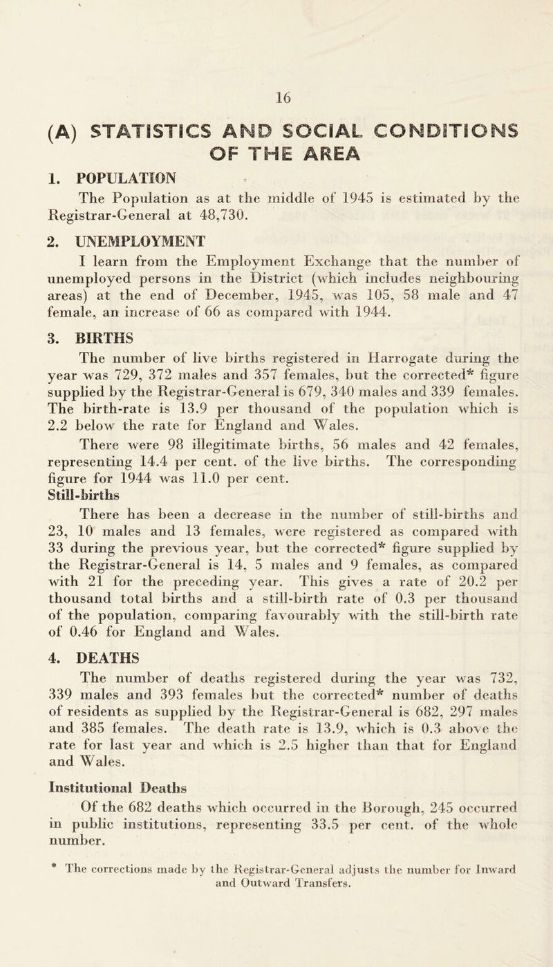 (A) STATISTICS AND SOCIAL CONDITIONS OF THE AREA 1. POPULATION The Population as at the middle of 1945 is estimated by the Registrar-General at 48,730. 2. UNEMPLOYMENT I learn from the Employment Exchange that the number of unemployed persons in the District (which includes neighbouring areas) at the end of December, 1945, was 105, 58 male and 47 female, an increase of 66 as compared with 1944. 3. BIRTHS The number of live births registered in Harrogate during the year was 729, 372 males and 357 females, but the corrected* figure supplied by the Registrar-General is 679, 340 males and 339 females. The birth-rate is 13.9 per thousand of the population which is 2.2 below the rate for England and Wales. There were 98 illegitimate births, 56 males and 42 females, representing 14.4 per cent, of the live births. The corresponding figure for 1944 was 11.0 per cent. Still-births There has been a decrease in the number of still-births and 23, 10 males and 13 females, were registered as compared with 33 during the previous year, but the corrected* figure supplied by the Registrar-General is 14, 5 males and 9 females, as compared with 21 for the preceding year. This gives a rate of 20.2 per thousand total births and a still-birth rate of 0.3 per thousand of the population, comparing favourably with the still-birth rate of 0.46 for England and Wales. 4. DEATHS The number of deaths registered during the year was 732, 339 males and 393 females but the corrected* number of deaths of residents as supplied by the Registrar-General is 682, 297 males and 385 females. The death rate is 13.9, which is 0.3 above the rate for last year and which is 2.5 higher than that for England and Wales. Institutional Deaths Of the 682 deaths which occurred in the Borough, 245 occurred in public institutions, representing 33.5 per cent, of the whole number. * The corrections made by the Registrar-General adjusts the number for Inward and Outward Transfers.