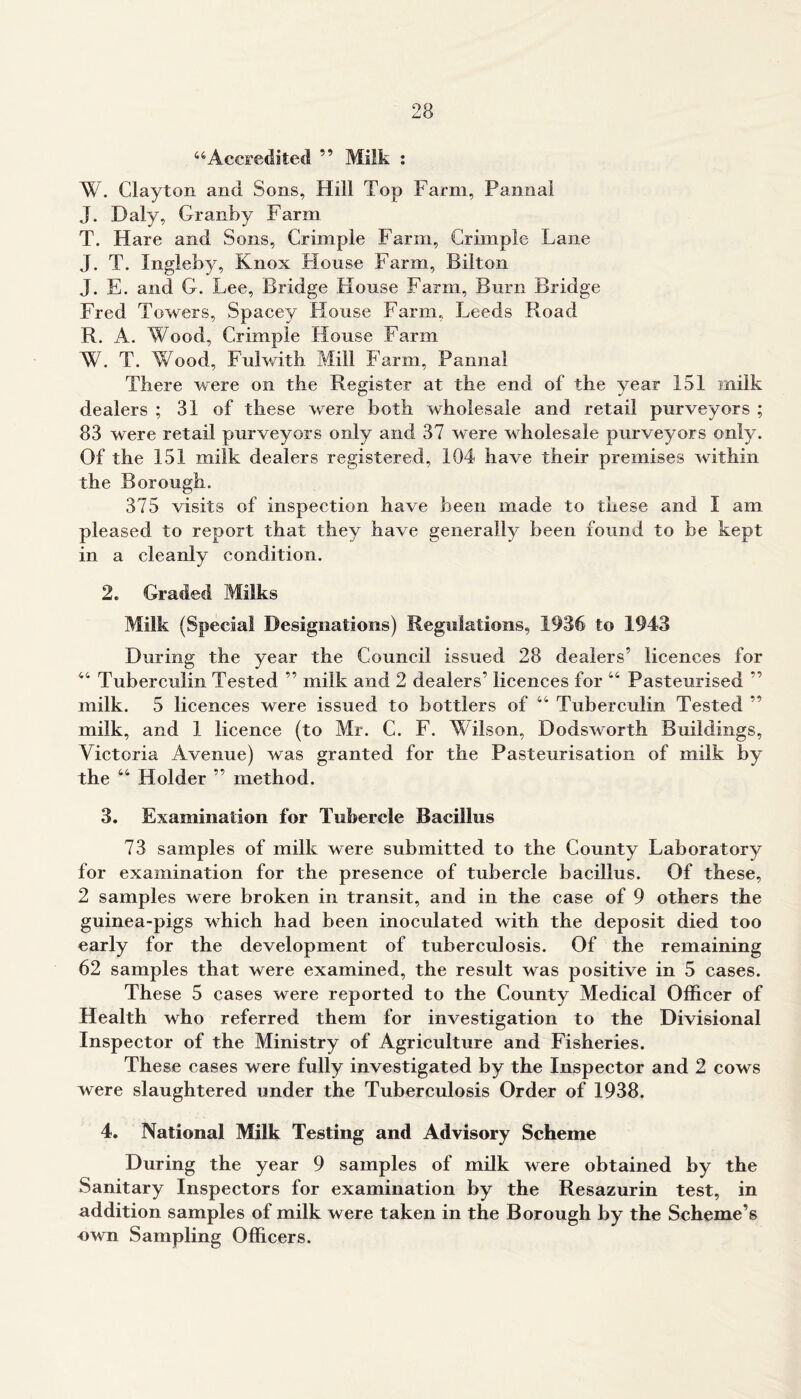 “Accredited ” Milk : W. Clayton and Sons, Hill Top Farm, Pannal J. Daly, Granby Farm T. Hare and Sons, Crimple Farm, Crimple Lane J. T. Ingleby, Knox House Farm, Rilton J. E. and G. Lee, Bridge House Farm, Burn Bridge Fred Towers, Spacey House Farm,, Leeds Road R. A. Wood, Crimple House Farm W. T. Wood, Fulwith Mill Farm, Pannal There were on the Register at the end of the year 151 milk dealers ; 31 of these were both wholesale and retail purveyors ; 83 were retail purveyors only and 37 were wholesale purveyors only. Of the 151 milk dealers registered, 104 have their premises within the Borough. 375 visits of inspection have been made to these and I am pleased to report that they have generally been found to be kept in a cleanly condition. 2. Graded Milks Milk (Special Designations) Regulations, 1936 to 1943 During the year the Council issued 28 dealers’ licences for 44 Tuberculin Tested ” milk and 2 dealers’ licences for 44 Pasteurised ” milk. 5 licences were issued to bottlers of 44 Tuberculin Tested ” milk, and 1 licence (to Mr. C. F. Wilson, Dodsworth Buildings, Victoria Avenue) was granted for the Pasteurisation of milk by the 44 Holder ” method. 3. Examination for Tubercle Bacillus 73 samples of milk were submitted to the County Laboratory for examination for the presence of tubercle bacillus. Of these, 2 samples were broken in transit, and in the case of 9 others the guinea-pigs which had been inoculated with the deposit died too early for the development of tuberculosis. Of the remaining 62 samples that were examined, the result was positive in 5 cases. These 5 cases were reported to the County Medical Officer of Health who referred them for investigation to the Divisional Inspector of the Ministry of Agriculture and Fisheries. These cases were fully investigated by the Inspector and 2 cows were slaughtered under the Tuberculosis Order of 1938. 4. National Milk Testing and Advisory Scheme During the year 9 samples of milk were obtained by the Sanitary Inspectors for examination by the Resazurin test, in addition samples of milk were taken in the Borough by the Scheme’s own Sampling Officers.
