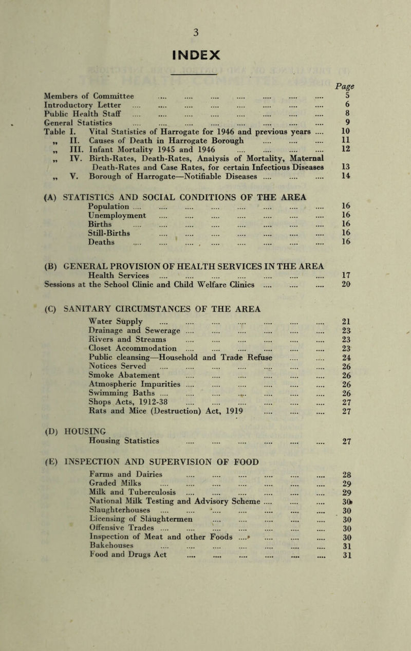 INDEX Page Members of Committee 5 Introductory Letter 6 Public Health Staff 8 General Statistics .... .... 9 Table I. Vital Statistics of Harrogate for 1946 and previous years .... 10 „ II. Causes of Death in Harrogate Borough 11 „ III. Infant Mortality 1945 and 1946 12 „ IV. Birth-Rates, Death-Rates, Analysis of Mortality, Maternal Death-Rates and Case Rates, for certain Infectious Diseases 13 ,, V. Borough of Harrogate—Notifiable Diseases .... 14 (A) STATISTICS AND SOCIAL CONDITIONS OF THE AREA Population .... .... .... .... 1 .... 16 Unemployment 16 Births 16 Still-Births 16 Deaths .... .... .... , 16 (B) GENERAL PROVISION OF HEALTH SERVICES IN THE AREA Health Services 17 Sessions at the School Clinic and Child Welfare Clinics .... 29 (C) SANITARY CIRCUMSTANCES OF THE AREA Water Supply .... .... .... .... .... 21 Drainage and Sewerage .... 23 Rivers and Streams 23 Closet Accommodation .... 23 Public cleansing—Household and Trade Refuse 24 Notices Served 26 Smoke Abatement 26 Atmospheric Impurities .... 26 Swimming Baths .... .... .... 26 Shops Acts, 1912-38 27 Rats and Mice (Destruction) Act, 1919 27 (D) HOUSING Housing Statistics 27 (E) INSPECTION AND SUPERVISION OF FOOD Farms and Dairies 28 Graded Milks 29 Milk and Tuberculosis 29 National Milk Testing and Advisory Scheme .... 3Q> Slaughterhouses .... .... *.... 30 Licensing of Slaughtermen 30 Offensive Trades .... 30 Inspection of Meat and other Foods ....* 30 Bakehouses 31 Food and Drugs Act 31