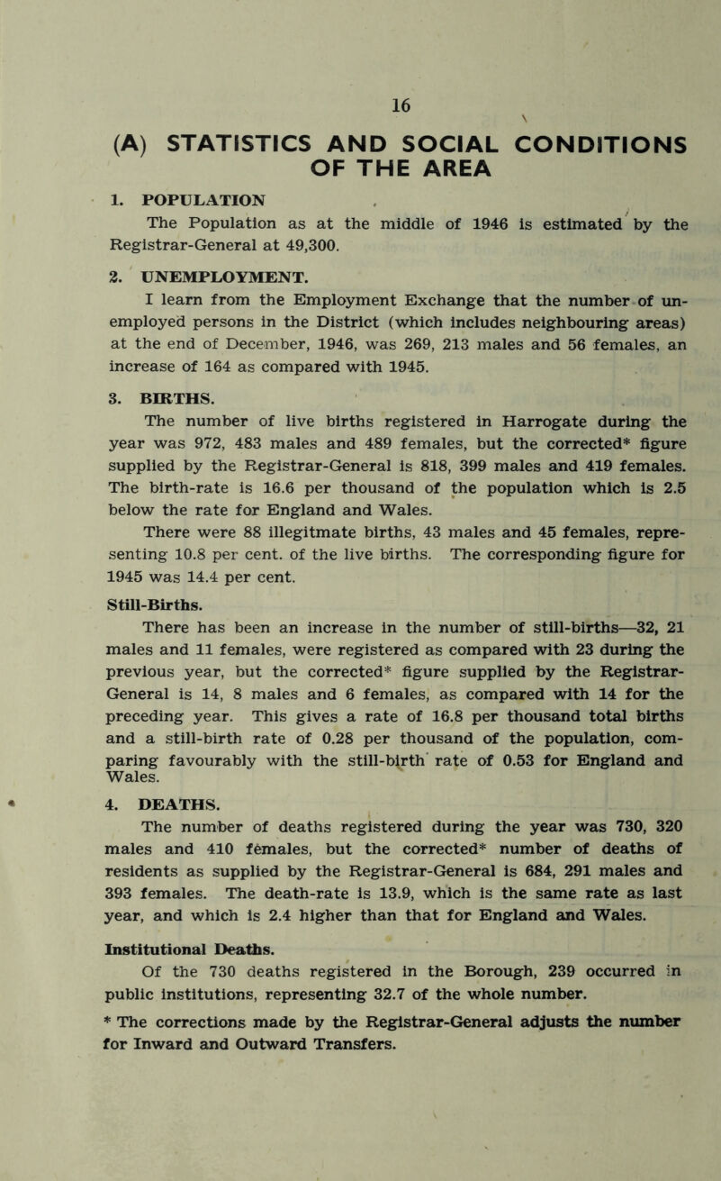 (A) STATISTICS AND SOCIAL CONDITIONS OF THE AREA 1. POPULATION The Population as at the middle of 1946 is estimated by the Registrar-General at 49,300. 2. UNEMPLOYMENT. I learn from the Employment Exchange that the number of un- employed persons in the District (which includes neighbouring areas) at the end of December, 1946, was 269, 213 males and 56 females, an increase of 164 as compared with 1945. 3. BIRTHS. The number of live births registered in Harrogate during the year was 972, 483 males and 489 females, but the corrected* figure supplied by the Registrar-General is 818, 399 males and 419 females. The birth-rate is 16.6 per thousand of the population which is 2.5 below the rate for England and Wales. There were 88 illegitmate births, 43 males and 45 females, repre- senting 10.8 per cent, of the live births. The corresponding figure for 1945 was 14.4 per cent. Still-Births. There has been an increase in the number of still-births—32, 21 males and 11 females, were registered as compared with 23 during the previous year, but the corrected* figure supplied by the Registrar- General is 14, 8 males and 6 females, as compared with 14 for the preceding year. This gives a rate of 16.8 per thousand total births and a still-birth rate of 0.28 per thousand of the population, com- paring favourably with the still-birth rate of 0.53 for England and Wales. * 4. DEATHS. The number of deaths registered during the year was 730, 320 males and 410 females, but the corrected* number of deaths of residents as supplied by the Registrar-General is 684, 291 males and 393 females. The death-rate is 13.9, which is the same rate as last year, and which is 2.4 higher than that for England and Wales. Institutional Deaths. Of the 730 deaths registered in the Borough, 239 occurred in public institutions, representing 32.7 of the whole number. * The corrections made by the Registrar-General adjusts the number for Inward and Outward Transfers.