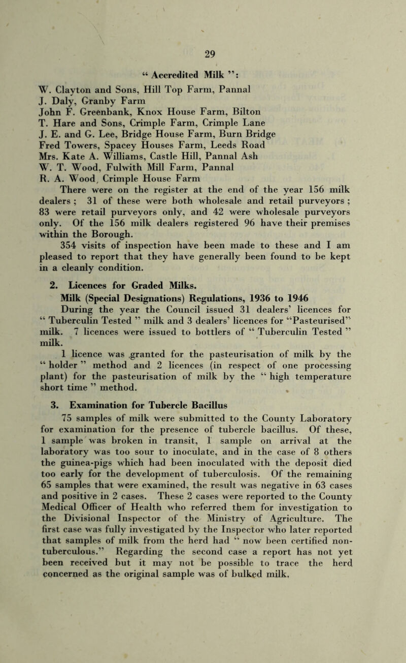 “ Accredited Milk W. Clayton and Sons, Hill Top Farm, Pannal J. Daly, Granby Farm John F. Greenbank, Knox House Farm, Bilton T. Hare and Sons, Crimple Farm, Crimple Lane J. E. and G. Lee, Bridge House Farm, Burn Bridge Fred Towers, Spacey Houses Farm, Leeds Road Mrs. Kate A. Williams, Castle Hill, Pannal Ash W. T. Wood, Fulwith Mill Farm, Pannal R. A. Wood, Crimple House Farm There were on the register at the end of the year 156 milk dealers ; 31 of these were both wholesale and retail purveyors ; 83 were retail purveyors only, and 42 were wholesale purveyors only. Of the 156 milk dealers registered 96 have their premises within the Borough. 354 visits of inspection have been made to these and I am pleased to report that they have generally been found to be kept in a cleanly condition. 2. Licences for Graded Milks. Milk (Special Designations) Regulations, 1936 to 1946 During the year the Council issued 31 dealers’ licences for 44 Tuberculin Tested ” milk and 3 dealers’ licences for “Pasteurised’*' milk. 7 licences were issued to bottlers of 44 Tuberculin Tested ” milk. 1 licence was .granted for the pasteurisation of milk by the 44 holder ” method and 2 licences (in respect of one processing plant) for the pasteurisation of milk by the 44 high temperature short time ” method. 3. Examination for Tubercle Bacillus 75 samples of milk were submitted to the County Laboratory for examination for the presence of tubercle bacillus. Of these, 1 sample was broken in transit, 1 sample on arrival at the laboratory was too sour to inoculate, and in the case of 8 others the guinea-pigs which had been inoculated with the deposit died too early for the development of tuberculosis. Of the remaining 65 samples that were examined, the result was negative in 63 cases and positive in 2 cases. These 2 cases were reported to the County Medical Officer of Health who referred them for investigation to the Divisional Inspector of the Ministry of Agriculture. The first case was fully investigated by the Inspector who later reported that samples of milk from the herd had 44 now been certified non- tuberculous.” Regarding the second case a report has not yet been received but it may not be possible to trace the herd concerned as the original sample was of bulked milk.