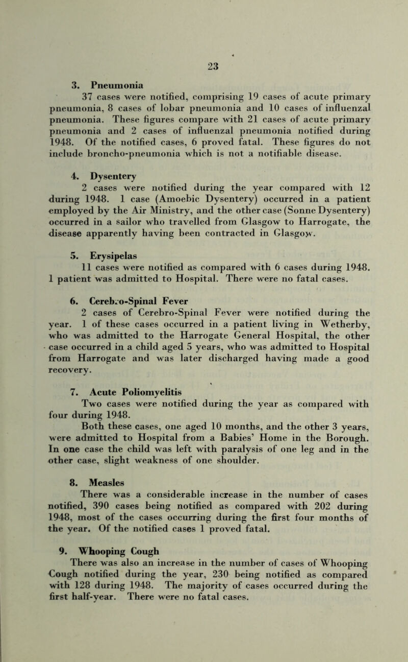 3. Pneumonia 37 cases were notified, comprising 19 cases of acute primary pneumonia, 8 cases of lobar pneumonia and 10 cases of influenzal pneumonia. These figures compare with 21 cases of acute primary pneumonia and 2 cases of influenzal pneumonia notified during 1948. Of the notified cases, 6 proved fatal. These figures do not include broncho-pneumonia which is not a notifiable disease. 4. Dysentery 2 cases were notified during the year compared with 12 during 1948. 1 case (Amoebic Dysentery) occurred in a patient employed by the Air Ministry, and the other case (Sonne Dysentery) occurred in a sailor who travelled from Glasgow to Harrogate, the disease apparently having been contracted in Glasgow. 5. Erysipelas 11 cases were notified as compared with 6 cases during 1948. 1 patient was admitted to Hospital. There were no fatal cases. 6. Cereb*o-Spinal Fever 2 cases of Cerebro-Spinal Fever were notified during the year. 1 of these cases occurred in a patient living in Wetherby, who was admitted to the Harrogate General Hospital, the other case occurred in a child aged 5 years, who was admitted to Hospital from Harrogate and was later discharged having made a good recovery. 7. Acute Poliomyelitis Two cases were notified during the year as compared with four during 1948. Both these cases, one aged 10 months, and the other 3 years, were admitted to Hospital from a Babies’ Home in the Borough. In one case the child was left with paralysis of one leg and in the other case, slight weakness of one shoulder. 8. Measles There was a considerable increase in the number of cases notified, 390 cases being notified as compared with 202 during 1948, most of the cases occurring during the first four months of the year. Of the notified cases 1 proved fatal. 9. Whooping Cough There was also an increase in the number of cases of Whooping Cough notified during the year, 230 being notified as compared with 128 during 1948. The majority of cases occurred during the first half-year. There were no fatal cases.