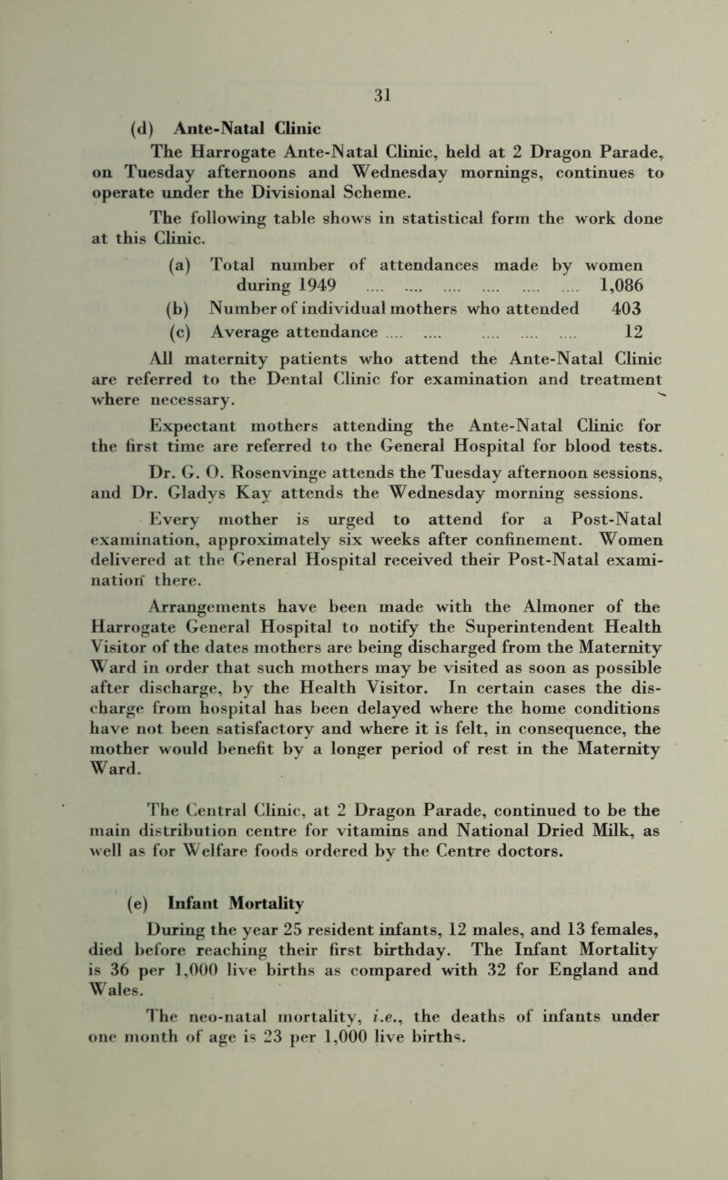 (d) Ante-Natal Clinic The Harrogate Ante-Natal Clinic, held at 2 Dragon Parade, on Tuesday afternoons and Wednesday mornings, continues to operate under the Divisional Scheme. The following table shows in statistical form the work done at this Clinic. (a) Total number of attendances made by women during 1949 1,086 (b) Number of individual mothers who attended 403 (c) Average attendance 12 All maternity patients who attend the Ante-Natal Clinic are referred to the Dental Clinic for examination and treatment where necessary. * Expectant mothers attending the Ante-Natal Clinic for the first time are referred to the General Hospital for blood tests. Dr. G. O. Rosenvinge attends the Tuesday afternoon sessions, and Dr. Gladys Kay attends the Wednesday morning sessions. Every mother is urged to attend for a Post-Natal examination, approximately six weeks after confinement. Women delivered at the General Hospital received their Post-Natal exami- nation there. Arrangements have been made with the Almoner of the Harrogate General Hospital to notify the Superintendent Health Visitor of the dates mothers are being discharged from the Maternity Ward in order that such mothers may be visited as soon as possible after discharge, by the Health Visitor. In certain cases the dis- charge from hospital has been delayed where the home conditions have not been satisfactory and where it is felt, in consequence, the mother would benefit by a longer period of rest in the Maternity Ward. The Central Clinic, at 2 Dragon Parade, continued to be the main distribution centre for vitamins and National Dried Milk, as well as for Welfare foods ordered by the Centre doctors. (e) Infant Mortality During the year 25 resident infants, 12 males, and 13 females, died before reaching their first birthday. The Infant Mortality is 36 per 1,000 live births as compared with 32 for England and Wales. The neo-natal mortality, i.e., the deaths of infants under one month of age is 23 per 1,000 live births.