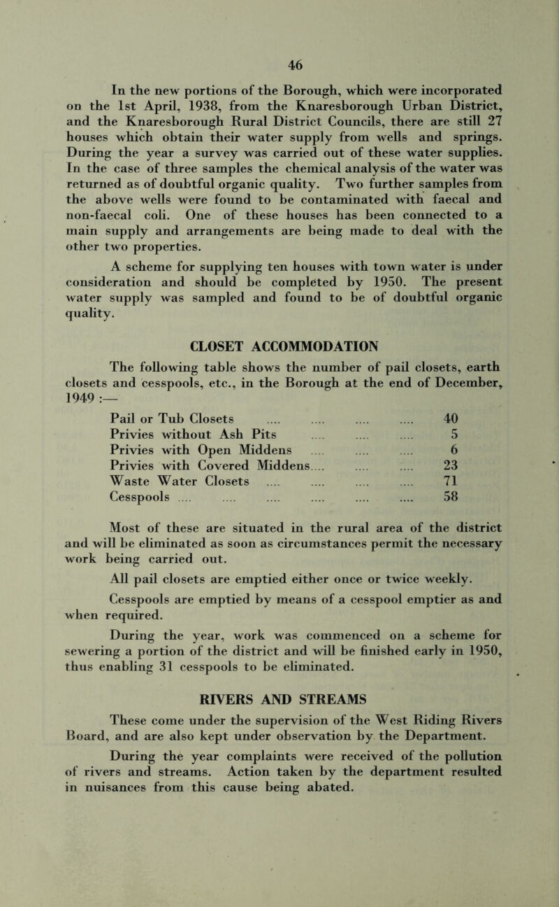 In the new portions of the Borough, which were incorporated on the 1st April, 1938, from the Knaresborough Urban District, and the Knaresborough Rural District Councils, there are still 27 houses which obtain their water supply from wells and springs. During the year a survey was carried out of these water supplies. In the case of three samples the chemical analysis of the water was returned as of doubtful organic quality. Two further samples from the above wells were found to be contaminated with faecal and non-faecal coli. One of these houses has been connected to a main supply and arrangements are being made to deal with the other two properties. A scheme for supplying ten houses with town water is under consideration and should be completed by 1950. The present water supply was sampled and found to be of doubtful organic quality. CLOSET ACCOMMODATION The following table shows the number of pail closets, earth closets and cesspools, etc., in the Borough at the end of December, 1949 :— Pail or Tub Closets .... .... .... .... 40 Privies without Ash Pits .... .... .... 5 Privies with Open Middens .... .... 6 Privies with Covered Middens. .. .... .... 23 Waste Water Closets .... .... .... .... 71 Cesspools ... .... .... .... .... .... 58 Most of these are situated in the rural area of the district and will be eliminated as soon as circumstances permit the necessary work being carried out. All pail closets are emptied either once or twice weekly. Cesspools are emptied by means of a cesspool emptier as and when required. During the year, work was commenced on a scheme for sewering a portion of the district and will be finished early in 1950, thus enabling 31 cesspools to be eliminated. RIVERS AND STREAMS These come under the supervision of the West Riding Rivers Board, and are also kept under observation by the Department. During the year complaints were received of the pollution of rivers and streams. Action taken by the department resulted in nuisances from this cause being abated.