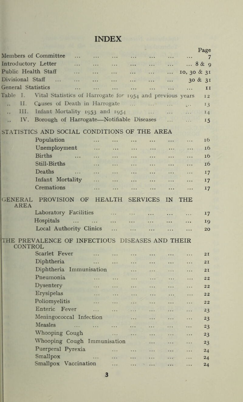 INDEX Page Members of Committee ... ... ... ... ... ... ... 7 Introductory Letter ... ... ... ... ... ... ... 8& 9 Public Health Staff ... ... ... ... ... ... 10, 30 & 31 Divisional Staff ... ... ... ... ... ... ... 30 & 31 General Statistics ... ... ... ... ... ... ... n Table I. Vital Statistics of Harrogate for 1954 an<^ previous years 12 ,, II. Causes of Death in Harrogate ... ... ... 13 j ,, III. Infant Mortality 1953 and JC954 ... ... ... 14 ,, IV. Borough of Harrogate—Notifiable Diseases ... ... 15 STATISTICS AND SOCIAL CONDITIONS OF THE AREA Population ... ... ... ... ... ... 16 Unemployment ... ... ... ... ... ... 16 Births ... ... ... ... ... ... ... 16 Still-Births ... ... ... ... ... ... 16 Deaths ... ... ... ... ... ... ... 17 Infant Mortality ... ... ... ... ... ... 17 Cremations ... ... ... ... ... ... 17 GENERAL PROVISION OF HEALTH SERVICES IN THE AREA Laboratory Facilities ... ... ... ... ... 17 Hospitals ... ... ... ... ... ... ... 19 Local Authority Clinics ... ... ... ... ... 20 THE PREVALENCE OF INFECTIOUS DISEASES AND THEIR CONTROL Scarlet Fever ... ... ... ... ... ... 21 Diphtheria ... ... ... ... ... ... 21 Diphtheria Immunisation ... ... ... ... 21 Pneumonia ... ... ... ... ... ... 22 Dysentery ... ... ... ... ... ... 22 Erysipelas ... ... ... ... ... ... 22 Poliomyelitis ... ... ... ... ... ... 22 Enteric Fever ... ... ... ... ... ... 23 Meningococcal Infection ... ... ... ... 23 Measles ... ... ... ... ... ... ... 23 Whooping Cough ... ... ... ... ... 23 Whooping Cough Immunisation ... ... ... 23 Puerperal Pyrexia ... ... ... ... ... 24 Smallpox ... ... ... ... ... ... 24 Smallpox Vaccination ... ... ... ... ... 24