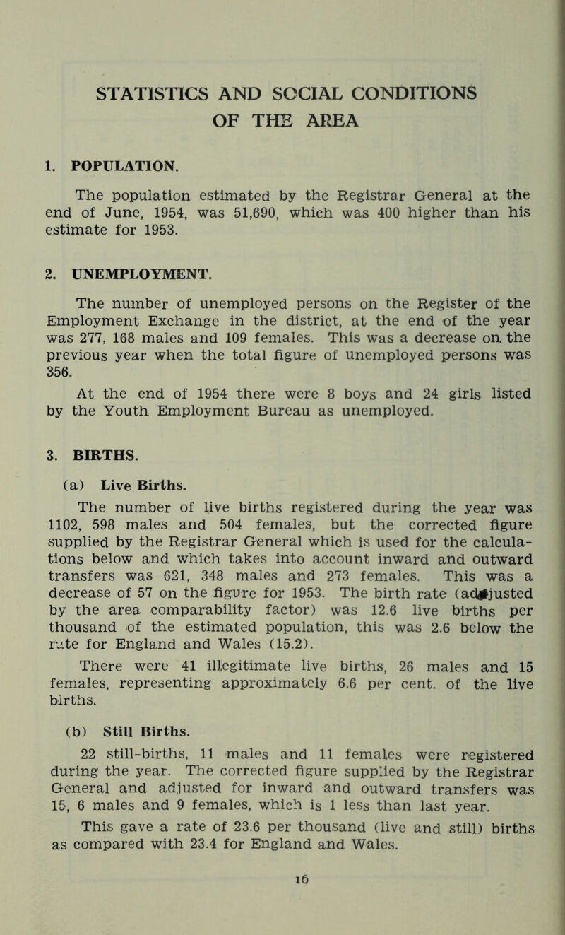 STATISTICS AND SOCIAL CONDITIONS OF THE AREA 1. POPULATION. The population estimated by the Registrar General at the end of June, 1954, was 51,690, which was 400 higher than his estimate for 1953. 2. UNEMPLOYMENT. The number of unemployed persons on the Register of the Employment Exchange in the district, at the end of the year was 277, 168 males and 109 females. This was a decrease on the previous year when the total figure of unemployed persons was 356. At the end of 1954 there were 8 boys and 24 girls listed by the Youth Employment Bureau as unemployed. 3. BIRTHS. (a) Live Births. The number of live births registered during the year was 1102, 598 males and 504 females, but the corrected figure supplied by the Registrar General which is used for the calcula- tions below and which takes into account inward and outward transfers was 621, 348 males and 273 females. This was a decrease of 57 on the figure for 1953. The birth rate (adjusted by the area comparability factor) was 12.6 live births per thousand of the estimated population, this was 2.6 below the rate for England and Wales (15.2). There were 41 illegitimate live births, 26 males and 15 females, representing approximately 6.6 per cent, of the live births. (b) Still Births. 22 still-births, 11 males and 11 females were registered during the year. The corrected figure supplied by the Registrar General and adjusted for inward and outward transfers was 15, 6 males and 9 females, which is 1 less than last year. This gave a rate of 23.6 per thousand (live and still) births as compared with 23.4 for England and Wales.