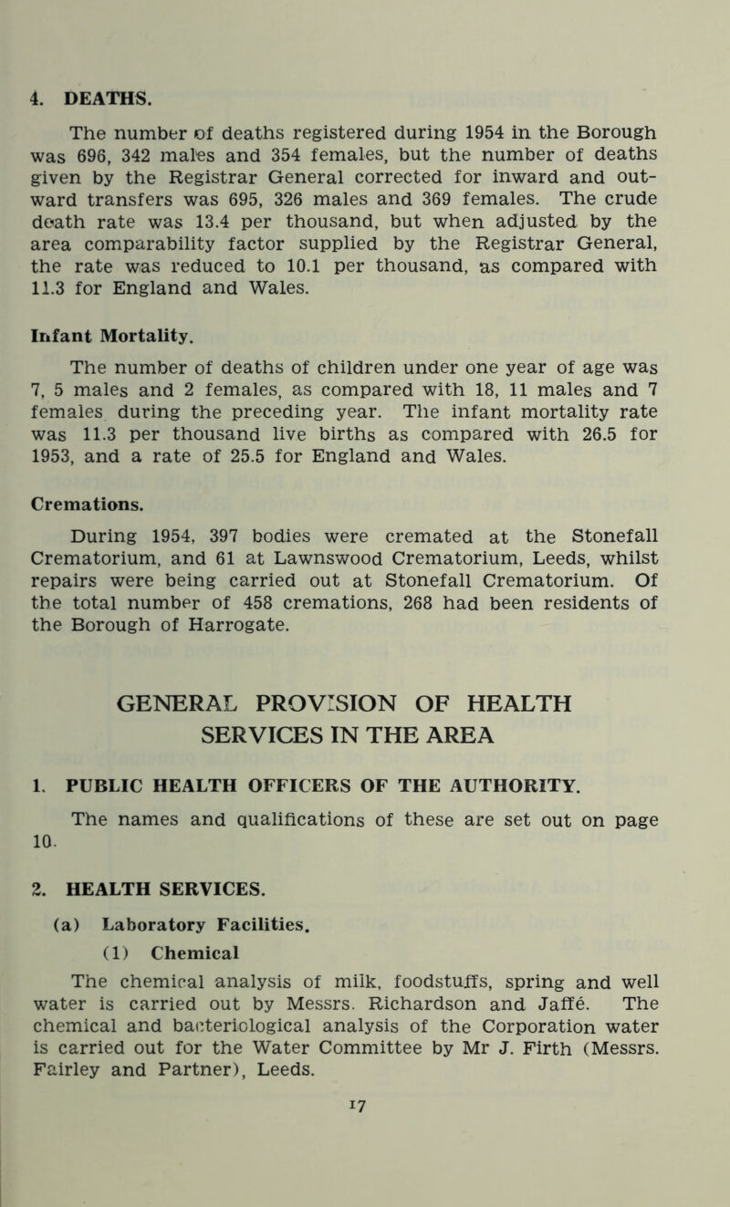 4. DEATHS. The number of deaths registered during 1954 in the Borough was 696, 342 males and 354 females, but the number of deaths given by the Registrar General corrected for inward and out- ward transfers was 695, 326 males and 369 females. The crude death rate was 13.4 per thousand, but when adjusted by the area comparability factor supplied by the Registrar General, the rate was reduced to 10.1 per thousand, as compared with 11.3 for England and Wales. Infant Mortality. The number of deaths of children under one year of age was 7, 5 males and 2 females, as compared with 18, 11 males and 7 females during the preceding year. The infant mortality rate was 11.3 per thousand live births as compared with 26.5 for 1953, and a rate of 25.5 for England and Wales. Cremations. During 1954, 397 bodies were cremated at the Stonefall Crematorium, and 61 at Lawnswood Crematorium, Leeds, whilst repairs were being carried out at Stonefall Crematorium. Of the total number of 458 cremations, 268 had been residents of the Borough of Harrogate. GENERAL PROVISION OF HEALTH SERVICES IN THE AREA 1. PUBLIC HEALTH OFFICERS OF THE AUTHORITY. The names and qualifications of these are set out on page 10. 2. HEALTH SERVICES. (a) Laboratory Facilities. (1) Chemical The chemical analysis of milk, foodstuffs, spring and well water is carried out by Messrs. Richardson and Jaffe. The chemical and bacteriological analysis of the Corporation water is carried out for the Water Committee by Mr J. Firth (Messrs. Fairley and Partner), Leeds.